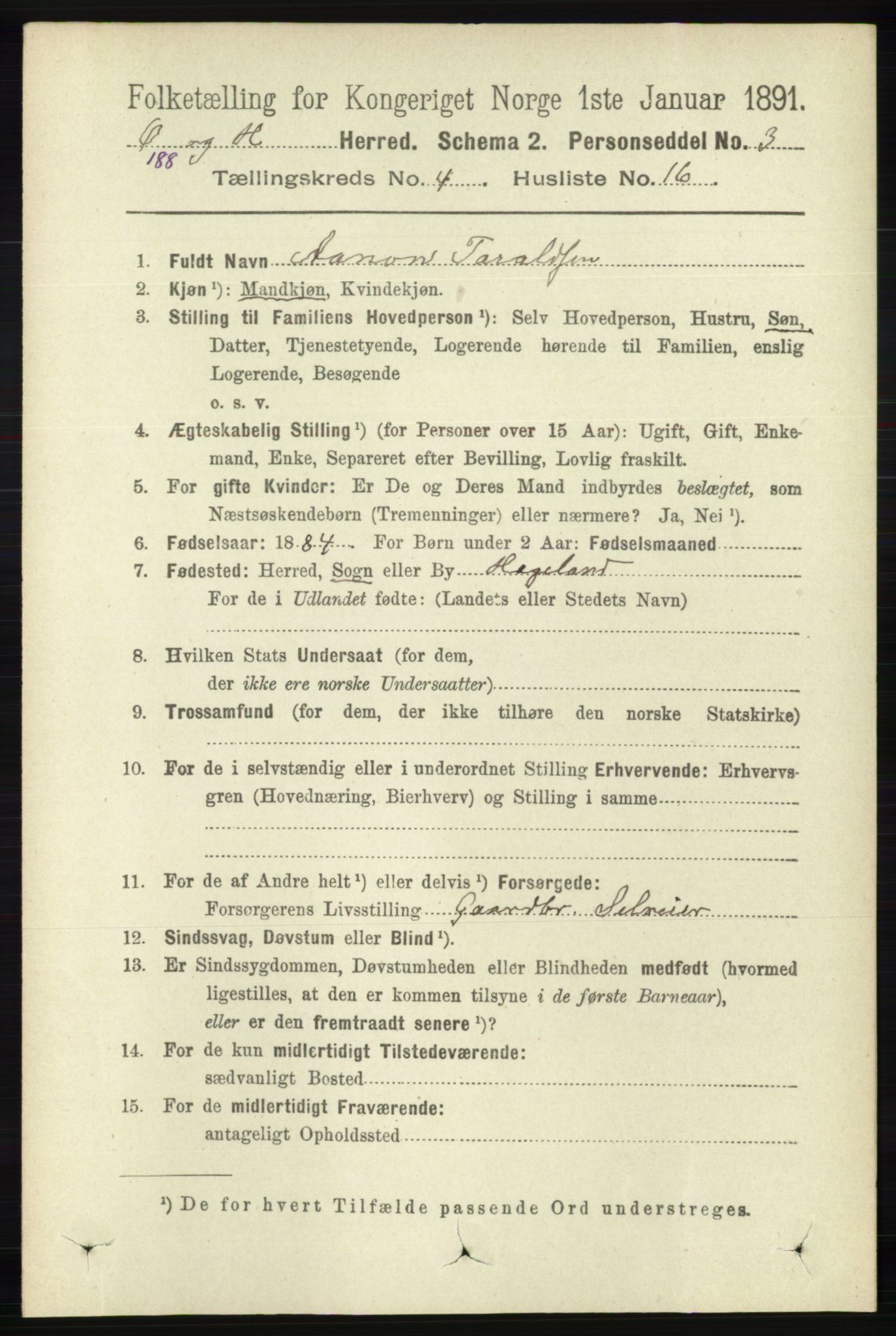 RA, 1891 census for 1016 Øvrebø og Hægeland, 1891, p. 807