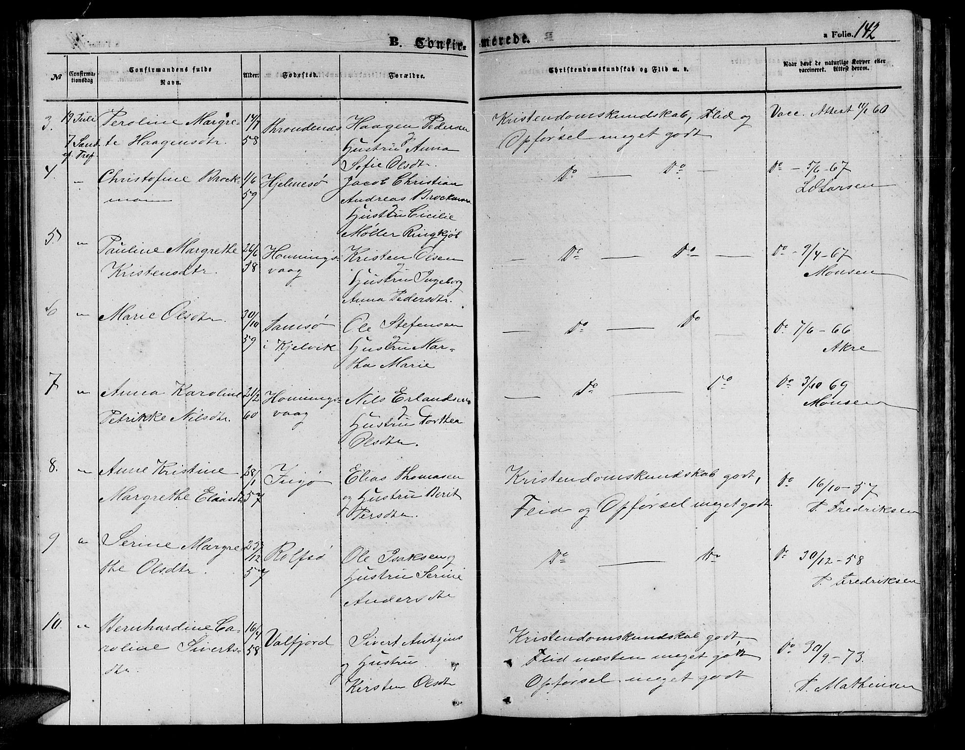 Måsøy sokneprestkontor, SATØ/S-1348/H/Hb/L0001klokker: Parish register (copy) no. 1, 1852-1877, p. 142