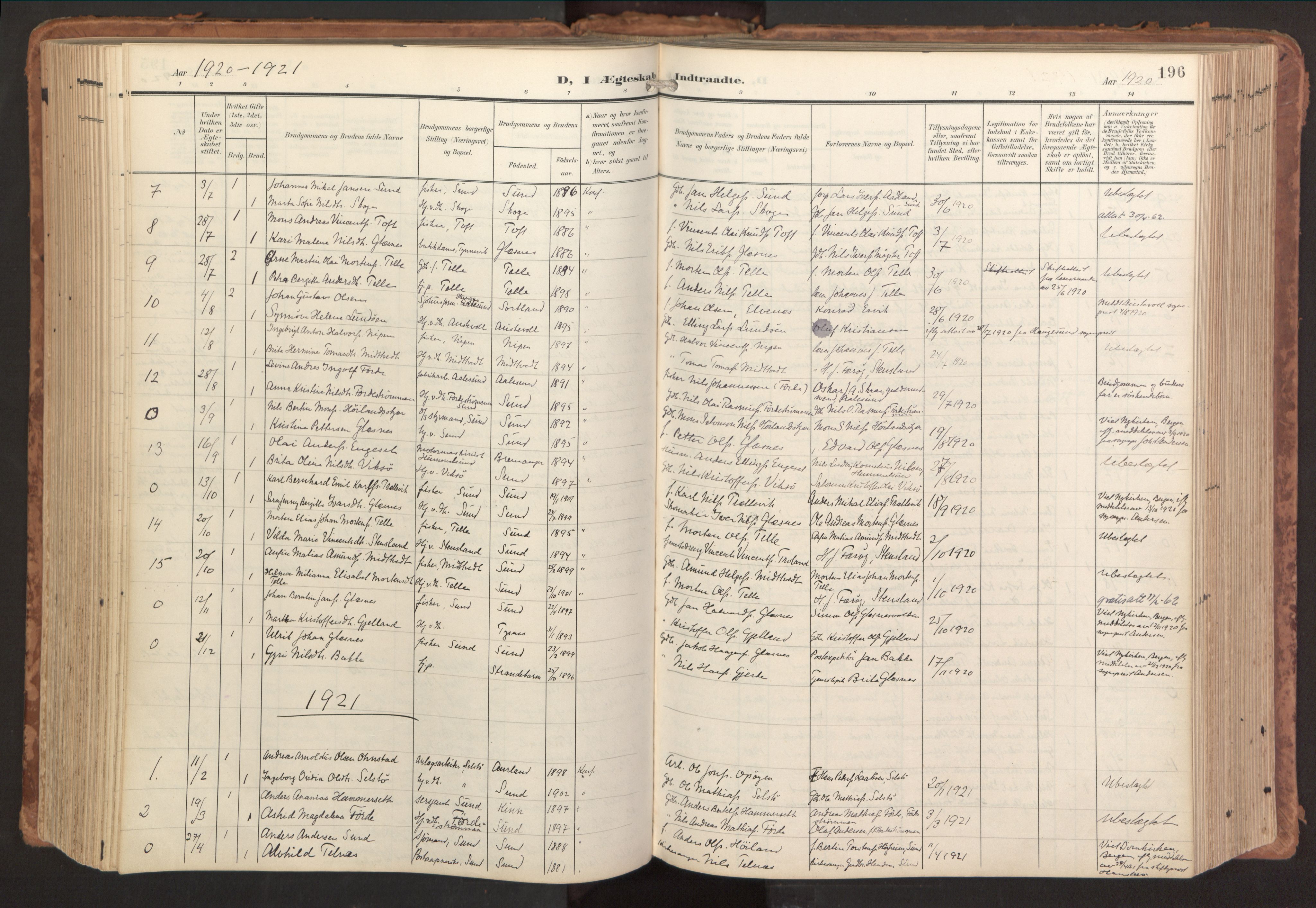 Sund sokneprestembete, SAB/A-99930: Parish register (official) no. B 2, 1907-1926, p. 196