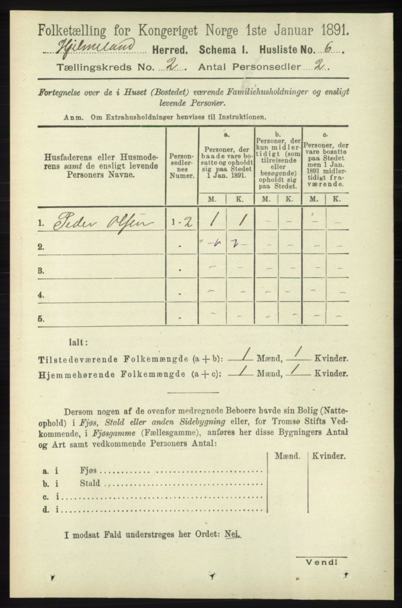 RA, 1891 census for 1133 Hjelmeland, 1891, p. 325