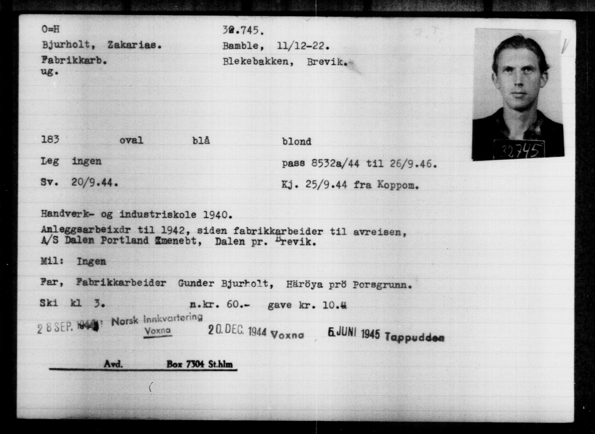 Utenriksstasjonene, Legasjonen i Stockholm, Flyktningkontoret, AV/RA-S-6753/V/Va/L0013: Kjesäterkartoteket, flyktninger med registreringsnr. 31500-34731, 1940-1945, p. 1308