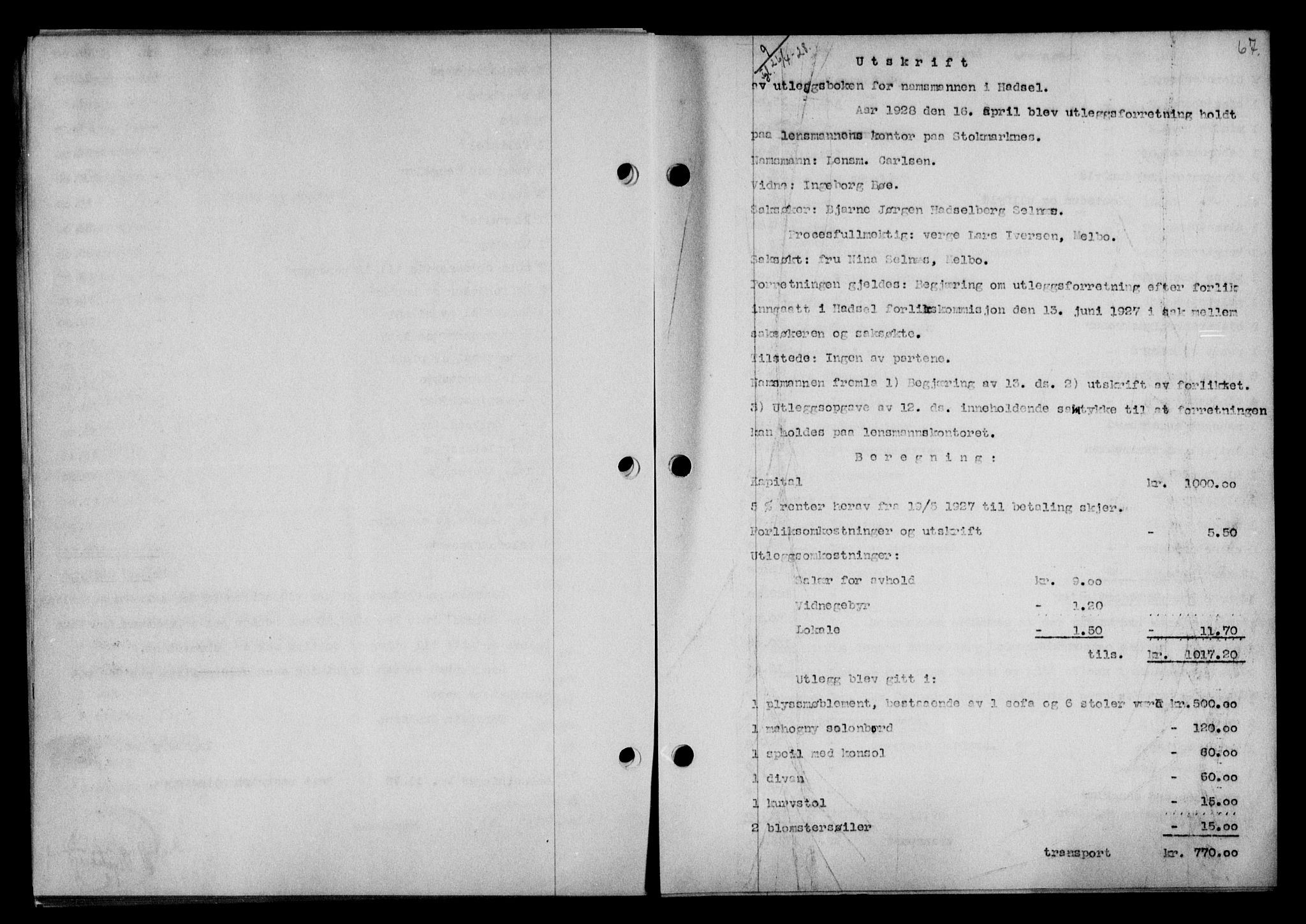 Vesterålen sorenskriveri, AV/SAT-A-4180/1/2/2Ca/L0046: Mortgage book no. 39, 1928-1928, Deed date: 26.04.1928