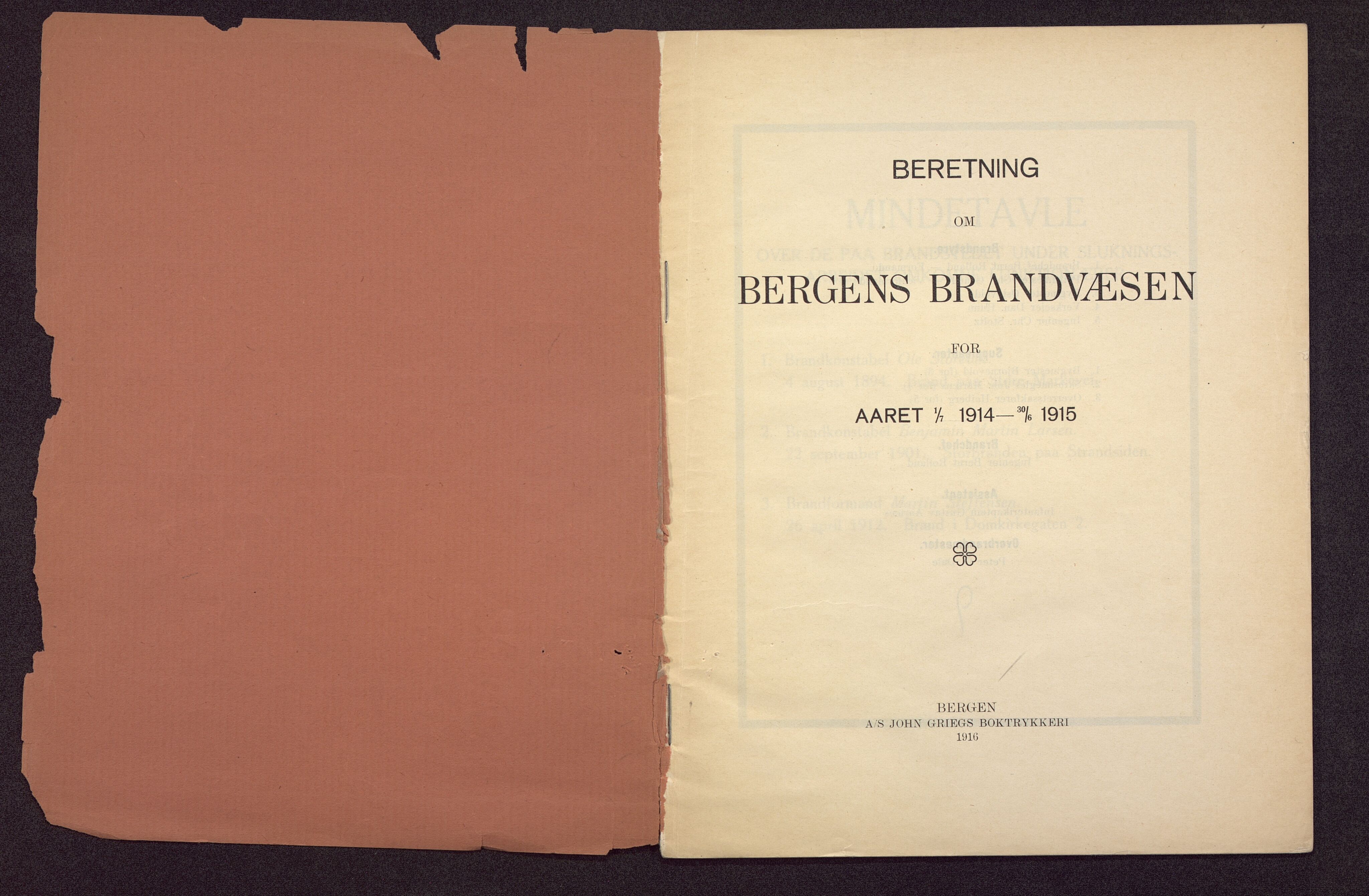 Bergen kommune. Brannvesenet (1863-1971), BBA/A-1181/X/Xa/L0001: Årsberetning, 1914-1915