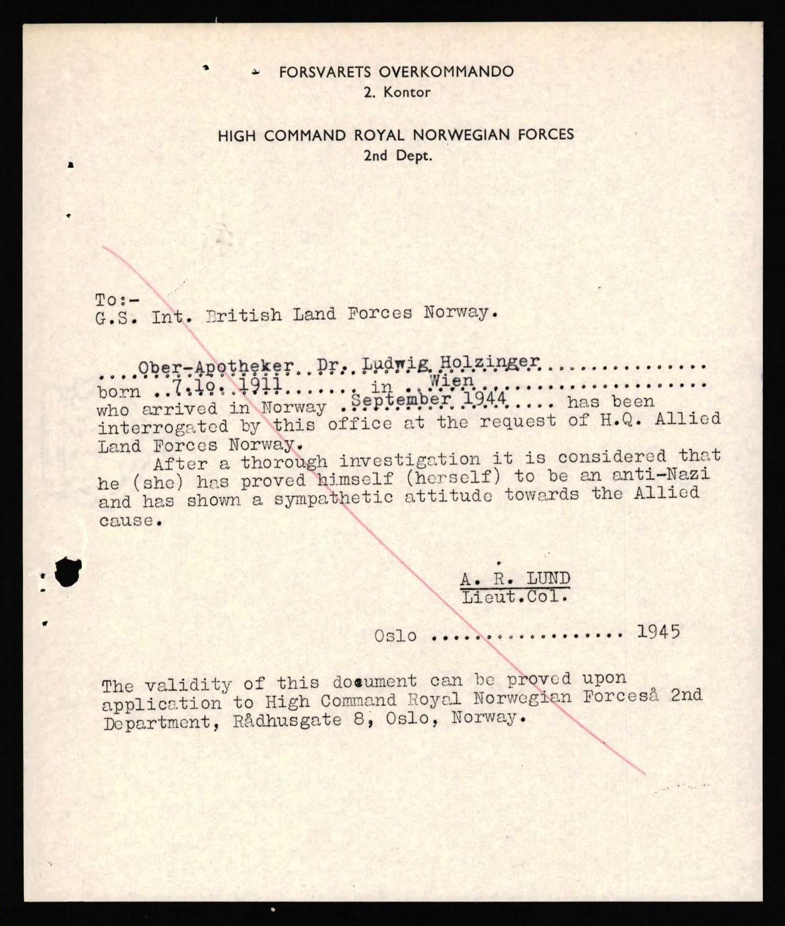 Forsvaret, Forsvarets overkommando II, AV/RA-RAFA-3915/D/Db/L0039: CI Questionaires. Tyske okkupasjonsstyrker i Norge. Østerrikere., 1945-1946, p. 56