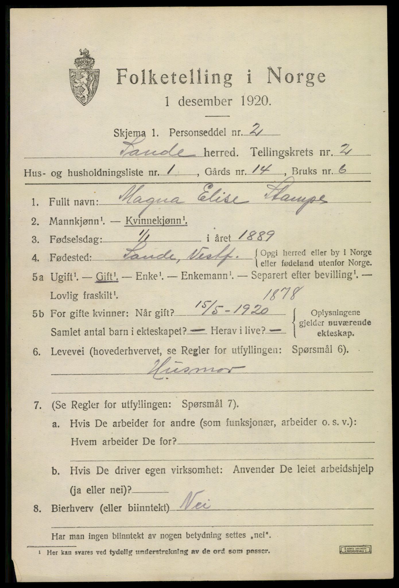 SAKO, 1920 census for Sande, 1920, p. 2174