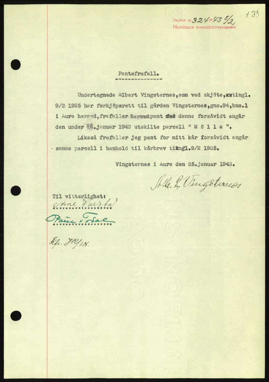 Nordmøre sorenskriveri, AV/SAT-A-4132/1/2/2Ca: Mortgage book no. B90, 1942-1943, Diary no: : 324/1943