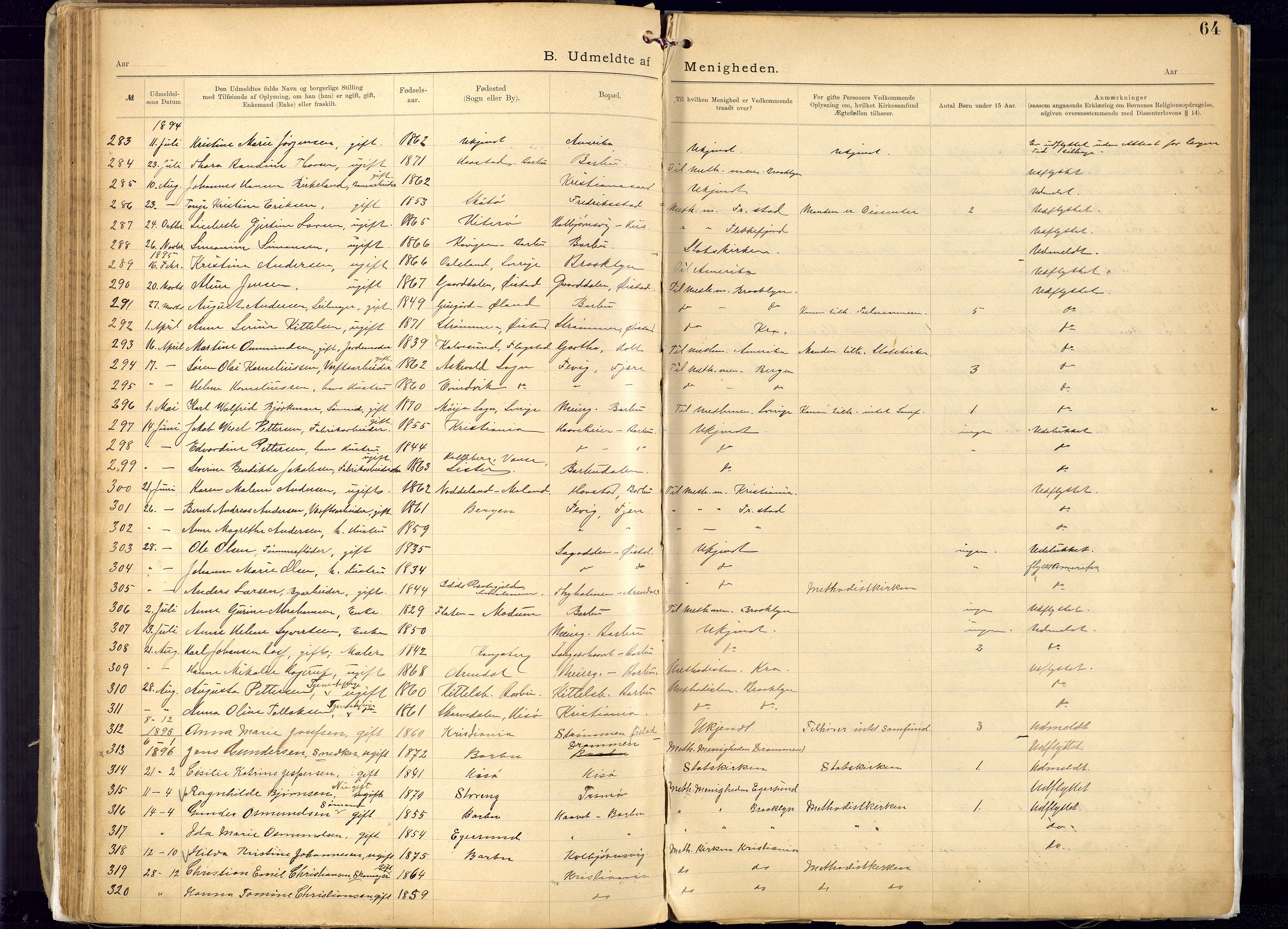 Metodistmenigheten, Arendal, SAK/1292-0011/F/Fa/L0005: Dissenter register no. 5, 1892-1942, p. 64