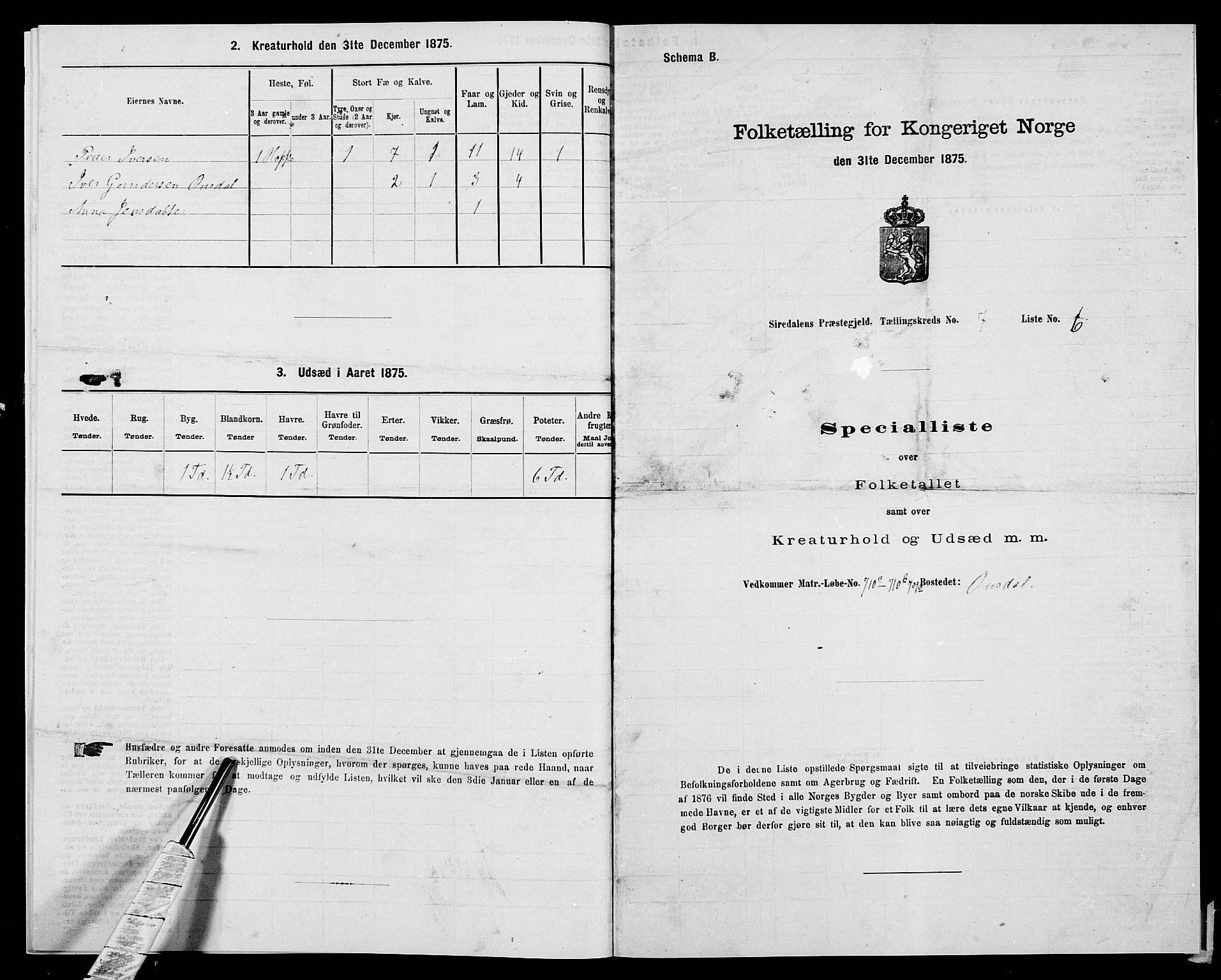 SAK, 1875 census for 1046P Sirdal, 1875, p. 587