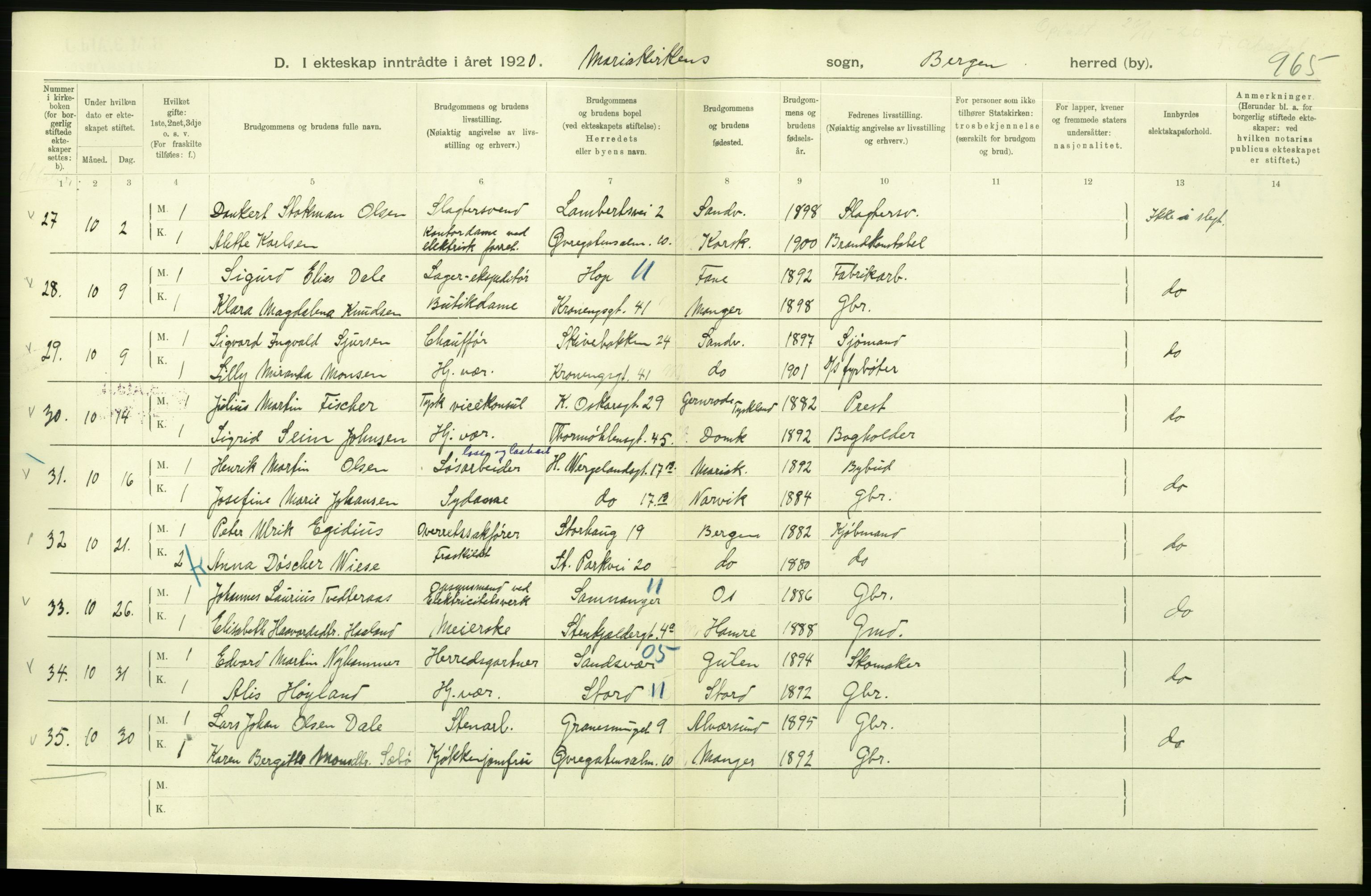 Statistisk sentralbyrå, Sosiodemografiske emner, Befolkning, AV/RA-S-2228/D/Df/Dfb/Dfbj/L0042: Bergen: Gifte, døde, dødfødte., 1920, p. 92