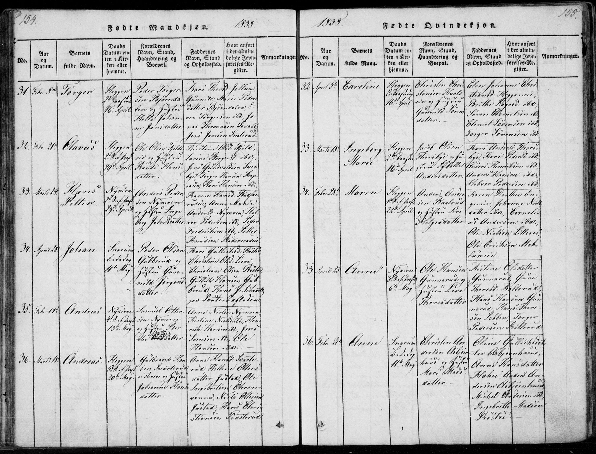 Modum kirkebøker, SAKO/A-234/F/Fa/L0006: Parish register (official) no. 6, 1832-1841, p. 154-155