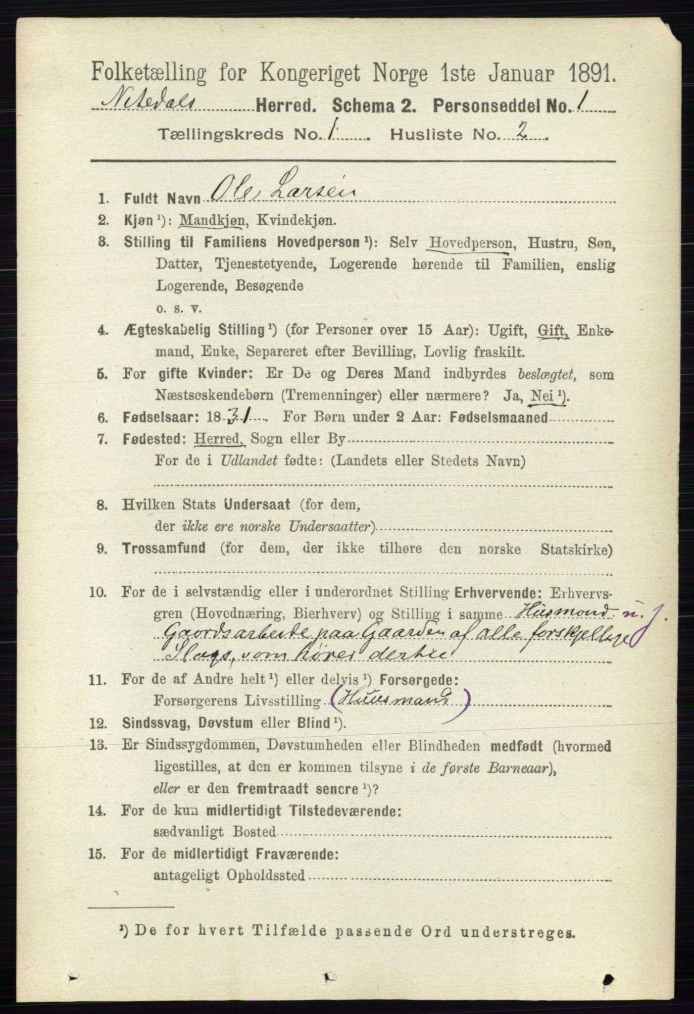 RA, 1891 census for 0233 Nittedal, 1891, p. 97