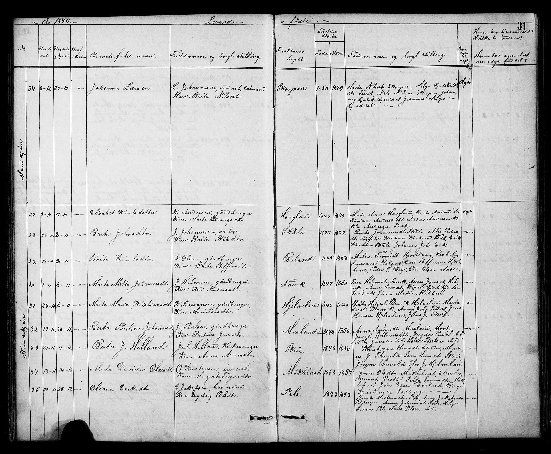 Kvinnherad sokneprestembete, AV/SAB-A-76401/H/Hab: Parish register (copy) no. A 2, 1873-1900, p. 31