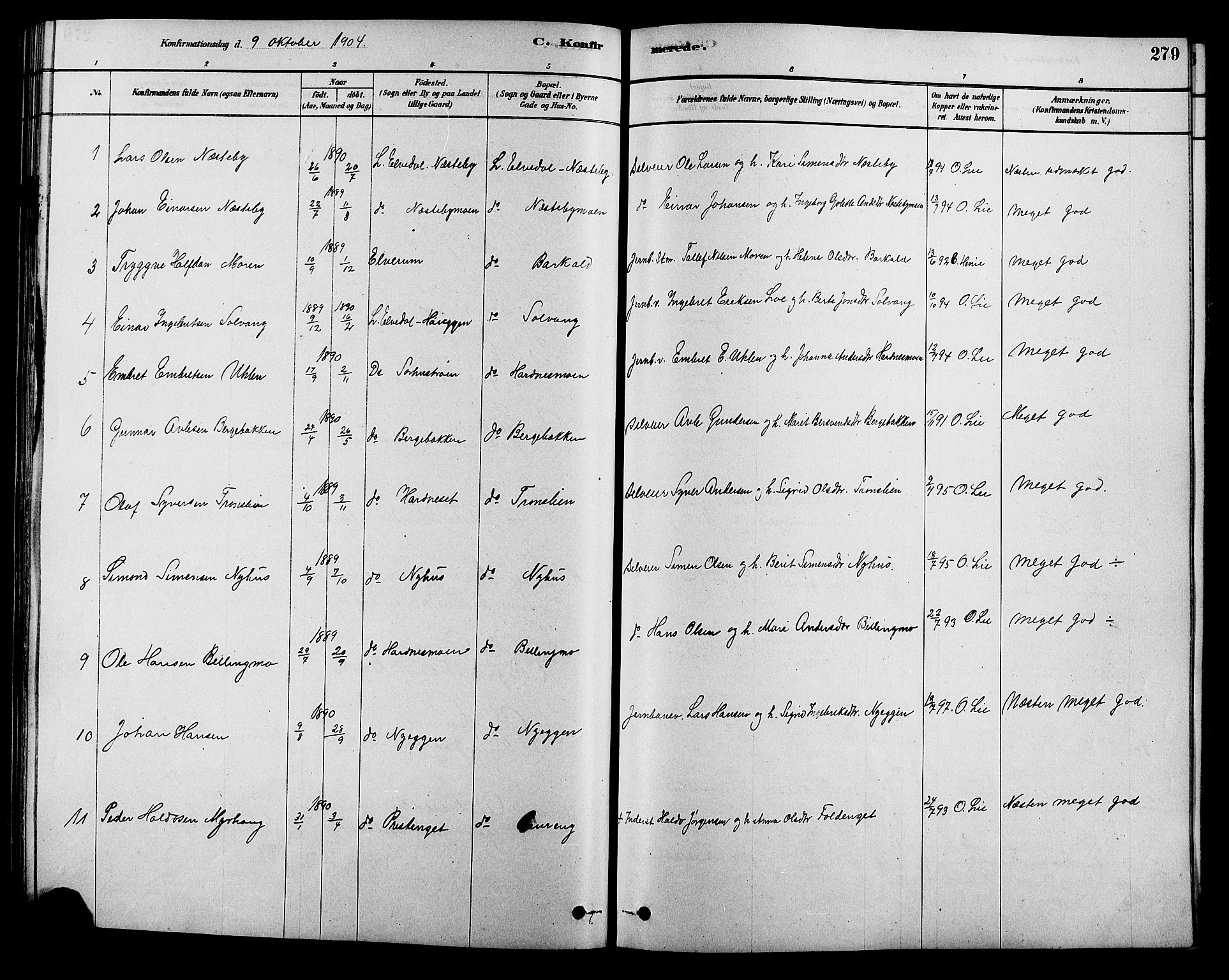 Alvdal prestekontor, SAH/PREST-060/H/Ha/Hab/L0003: Parish register (copy) no. 3, 1878-1907, p. 279