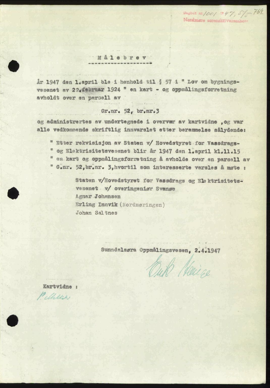 Nordmøre sorenskriveri, AV/SAT-A-4132/1/2/2Ca: Mortgage book no. A104, 1947-1947, Diary no: : 1001/1947