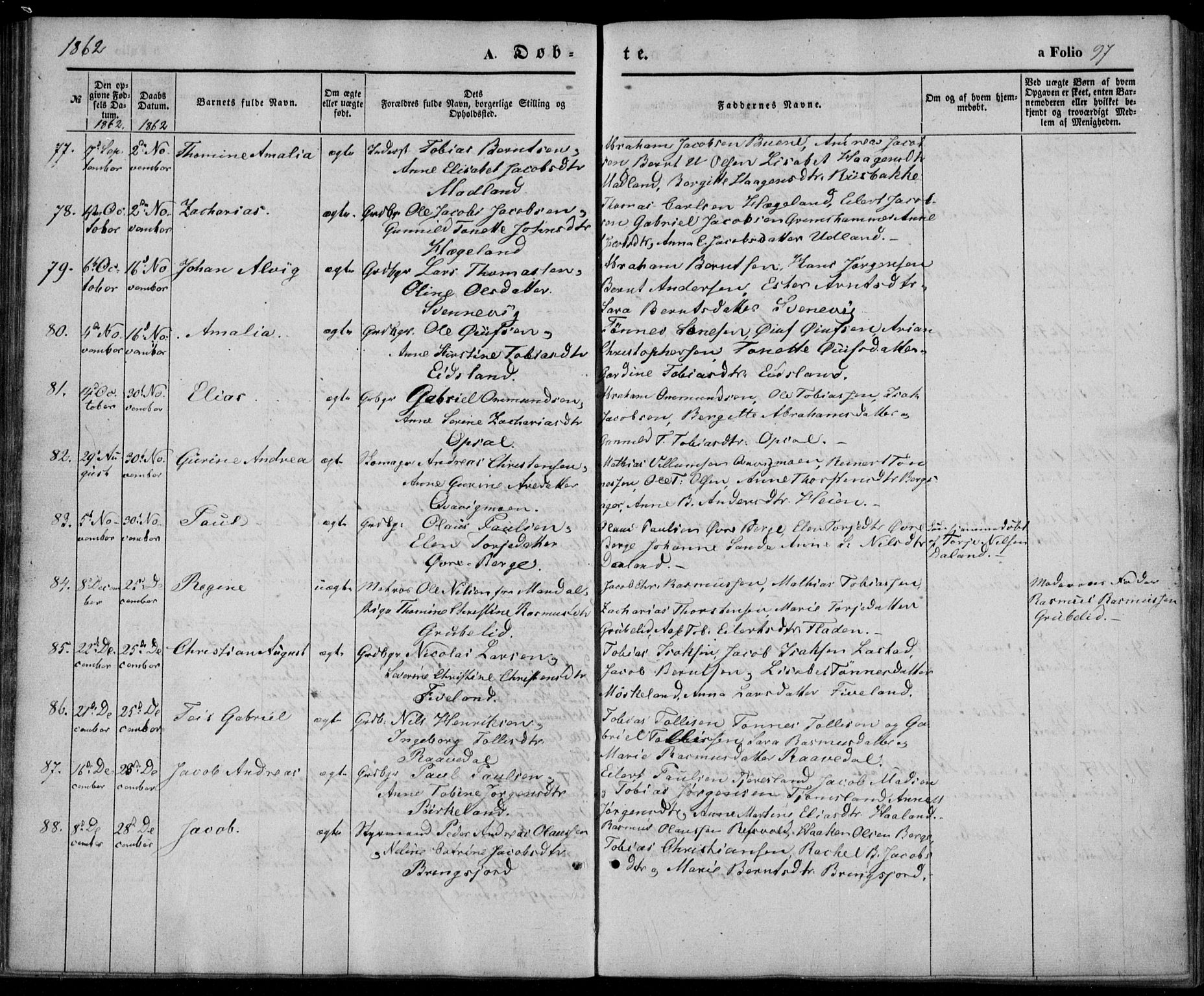 Lyngdal sokneprestkontor, SAK/1111-0029/F/Fa/Fac/L0009: Parish register (official) no. A 9, 1852-1864, p. 97