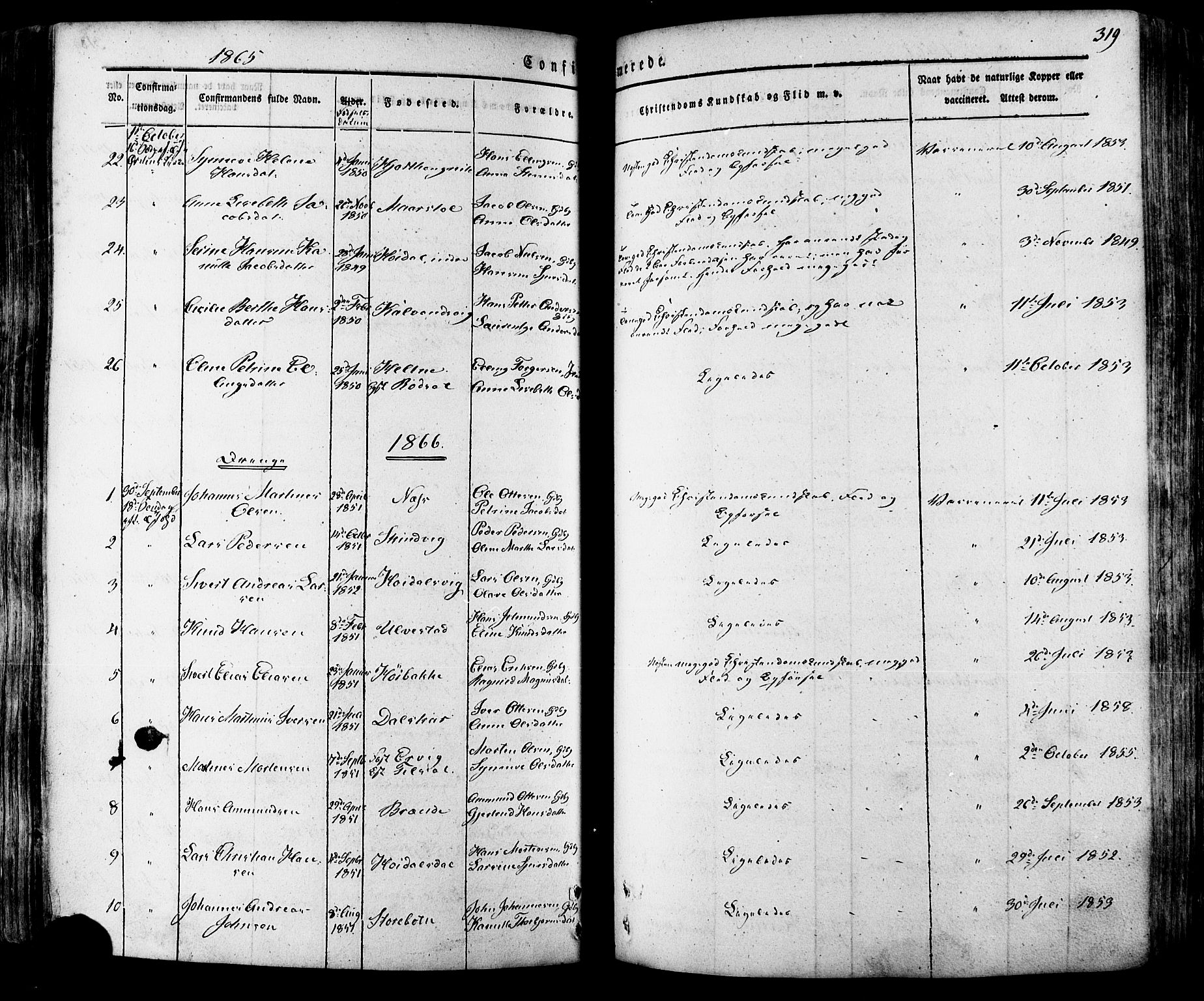 Ministerialprotokoller, klokkerbøker og fødselsregistre - Møre og Romsdal, SAT/A-1454/511/L0140: Parish register (official) no. 511A07, 1851-1878, p. 319