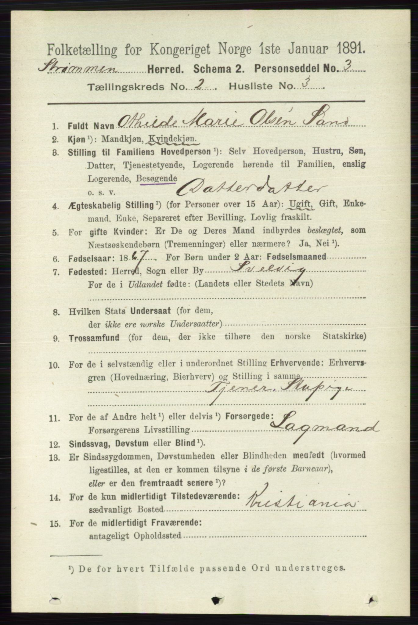 RA, 1891 census for 0711 Strømm, 1891, p. 708