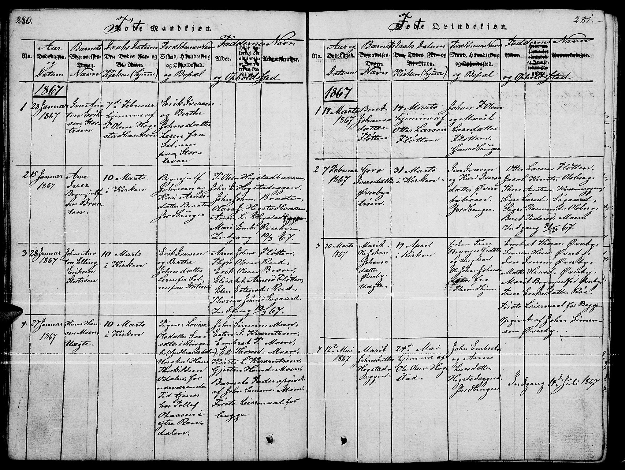 Tynset prestekontor, SAH/PREST-058/H/Ha/Hab/L0004: Parish register (copy) no. 4, 1814-1879, p. 280-281