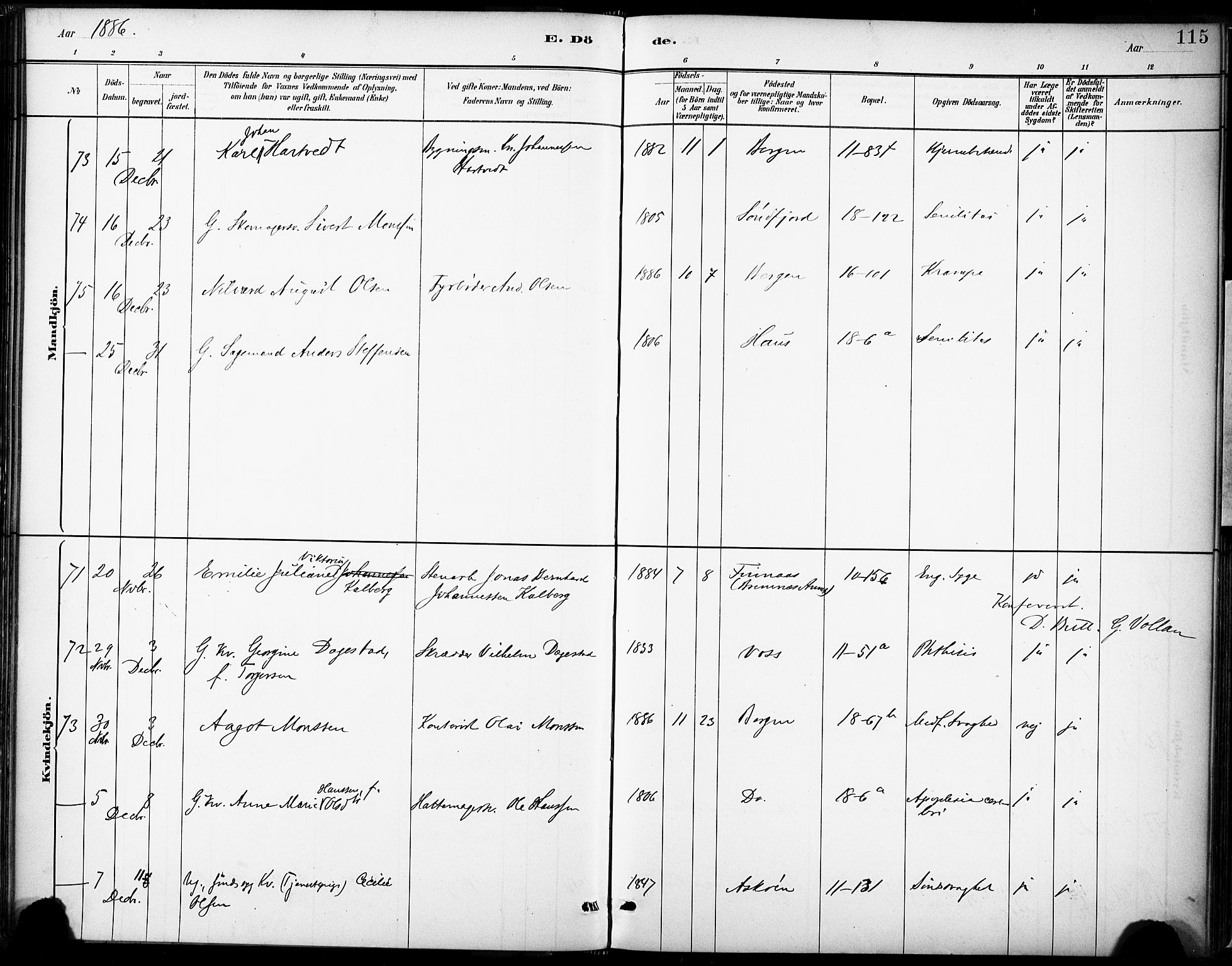 Domkirken sokneprestembete, SAB/A-74801/H/Haa/L0043: Parish register (official) no. E 5, 1882-1904, p. 115