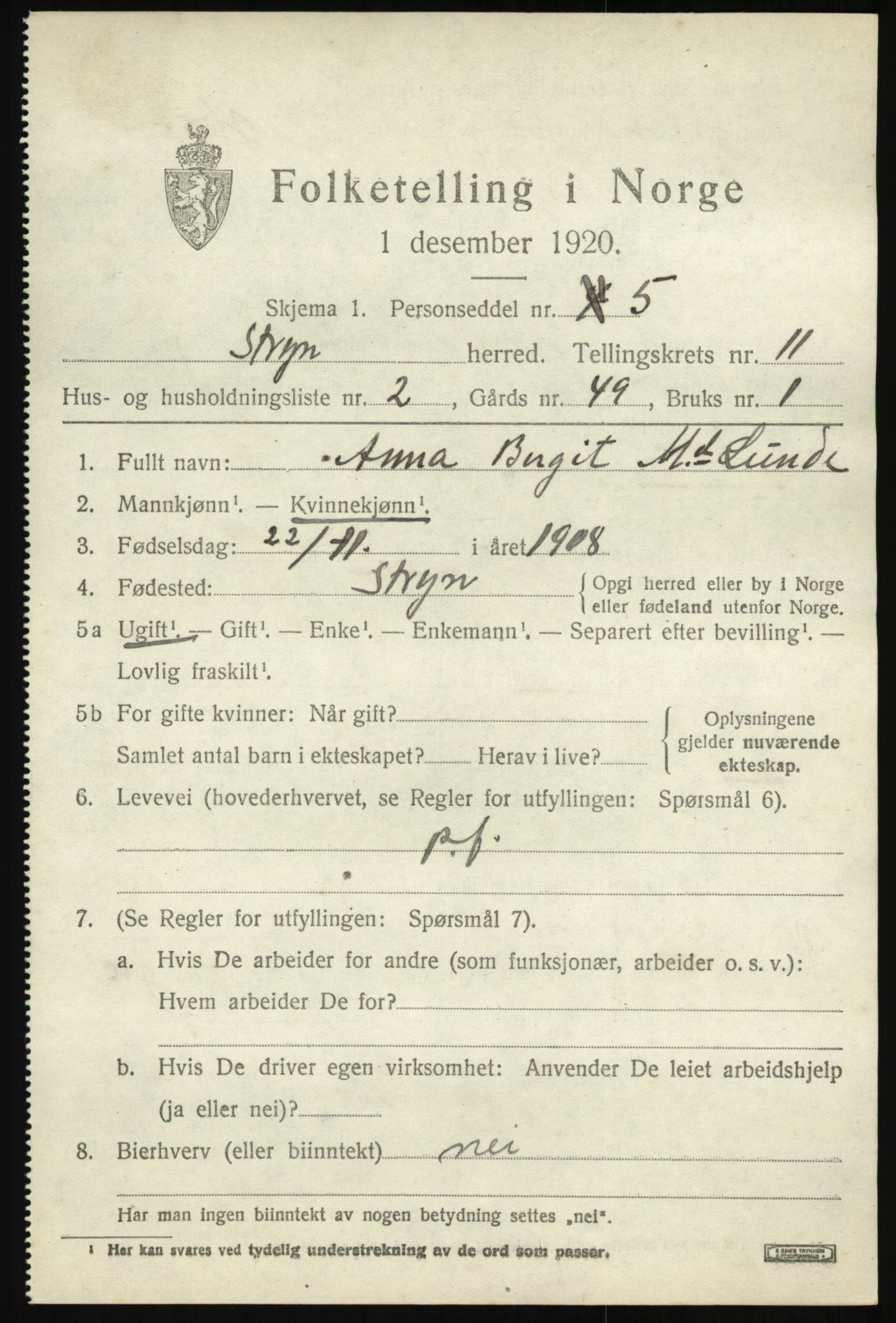 SAB, 1920 census for Stryn, 1920, p. 5216