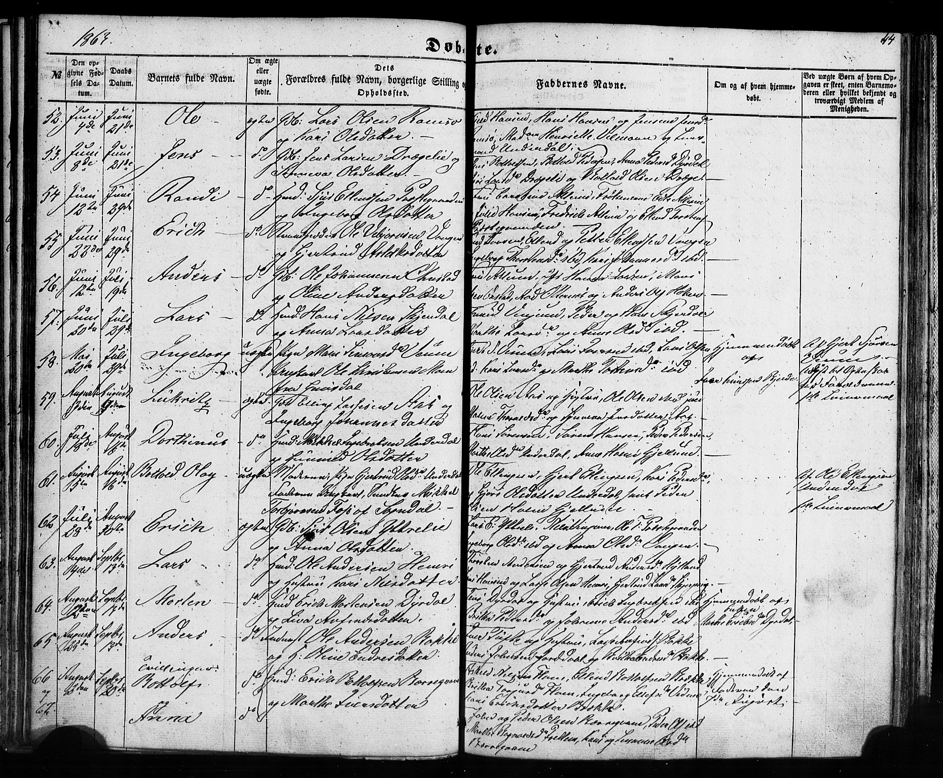 Aurland sokneprestembete, SAB/A-99937/H/Ha/Haa/L0008: Parish register (official) no. A 8, 1853-1879, p. 44