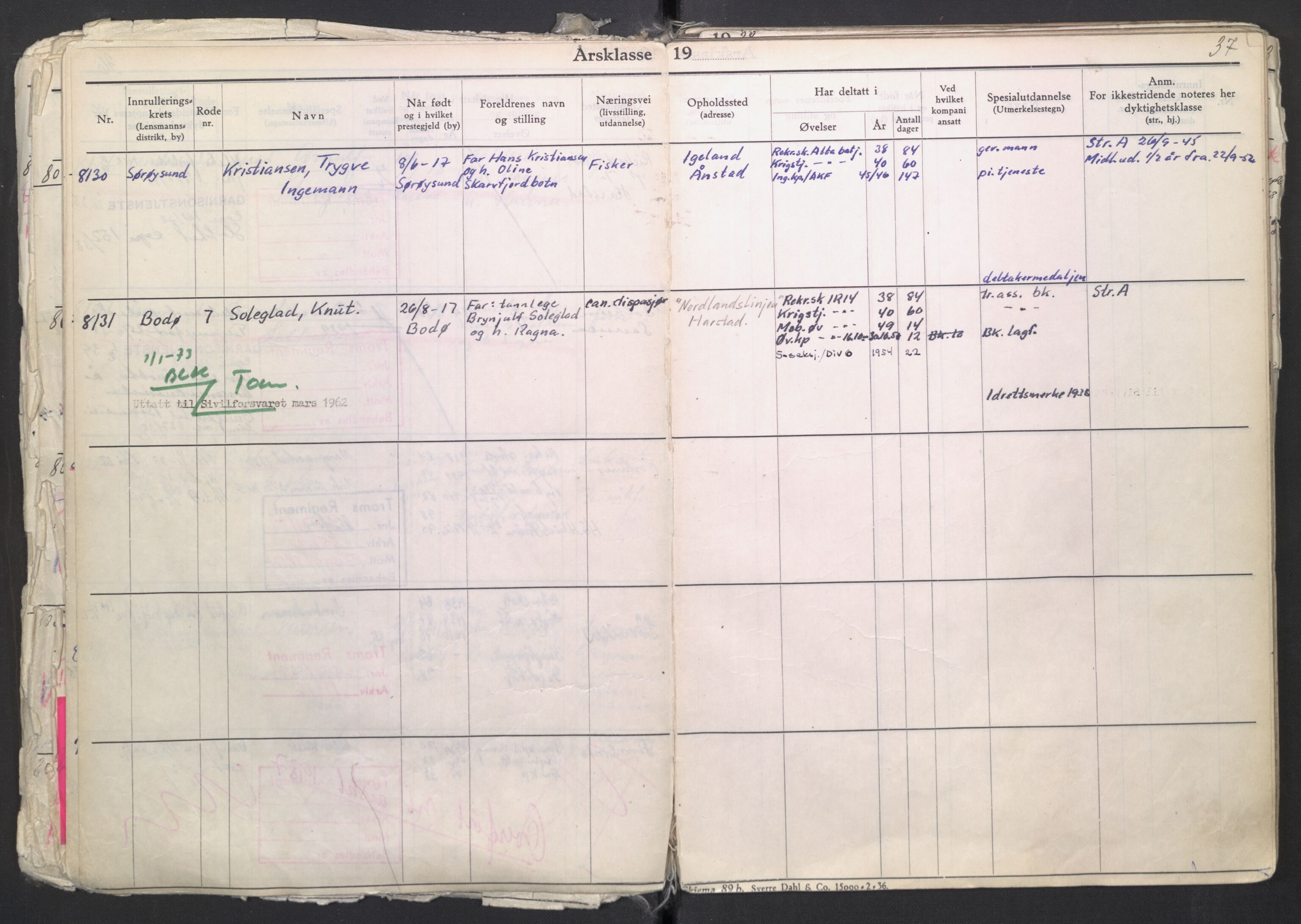 Forsvaret, Troms infanteriregiment nr. 16, AV/RA-RAFA-3146/P/Pa/L0007/0003: Ruller / Rulle for regimentets menige mannskaper, årsklasse 1938, 1938, p. 37