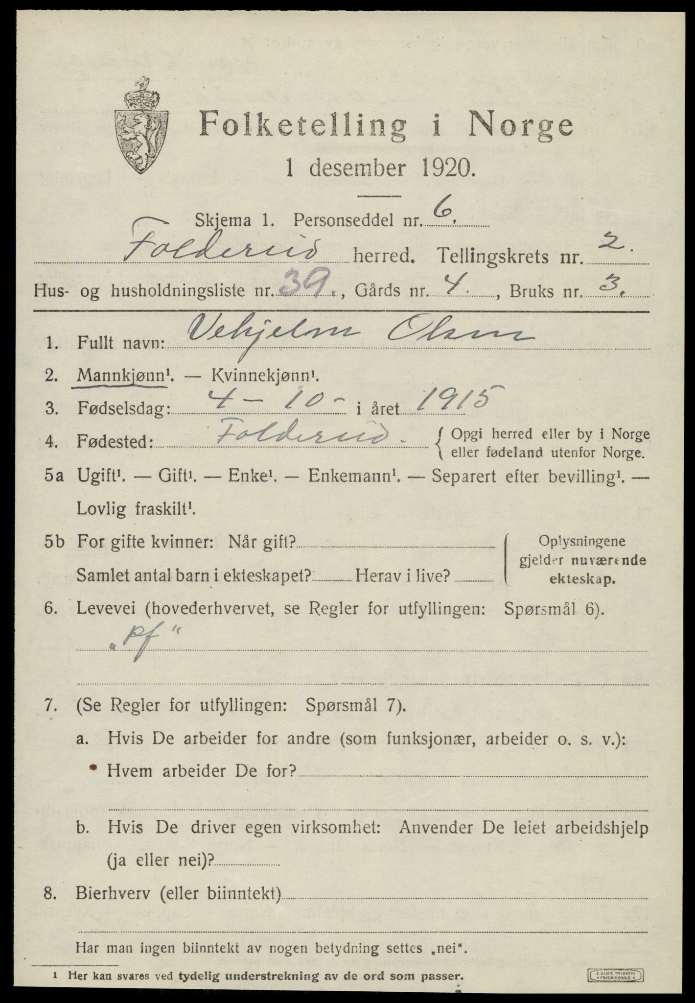 SAT, 1920 census for Foldereid, 1920, p. 1170