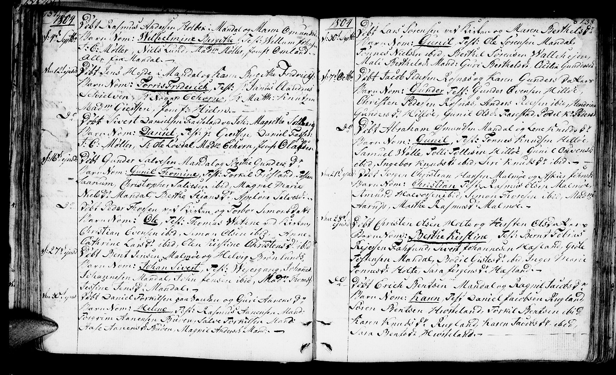 Mandal sokneprestkontor, AV/SAK-1111-0030/F/Fa/Faa/L0008: Parish register (official) no. A 8, 1794-1817, p. 137-138