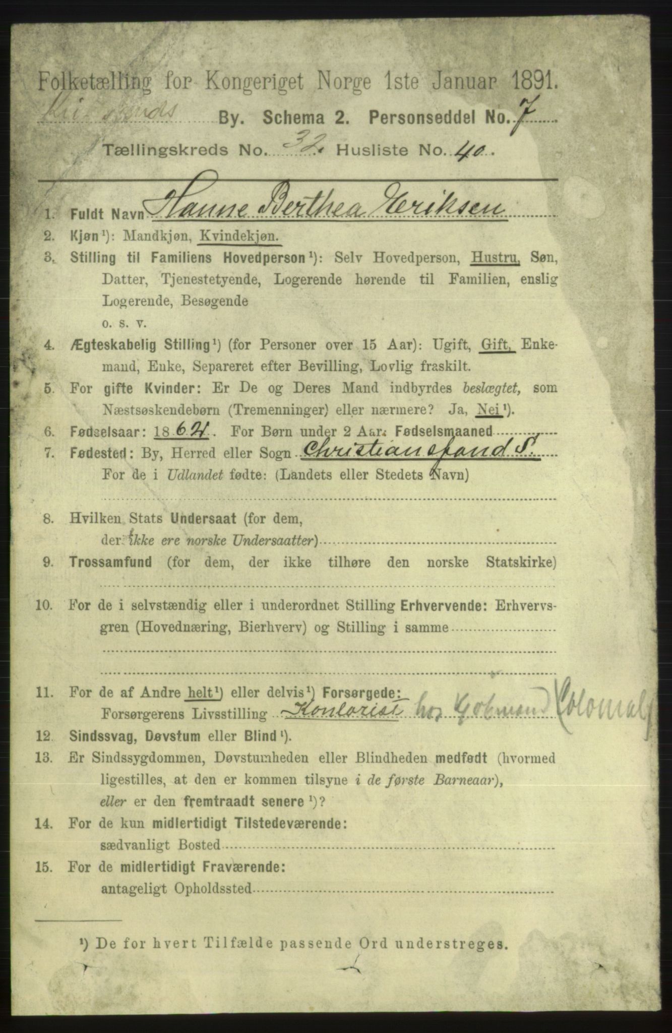 RA, 1891 census for 1001 Kristiansand, 1891, p. 10683