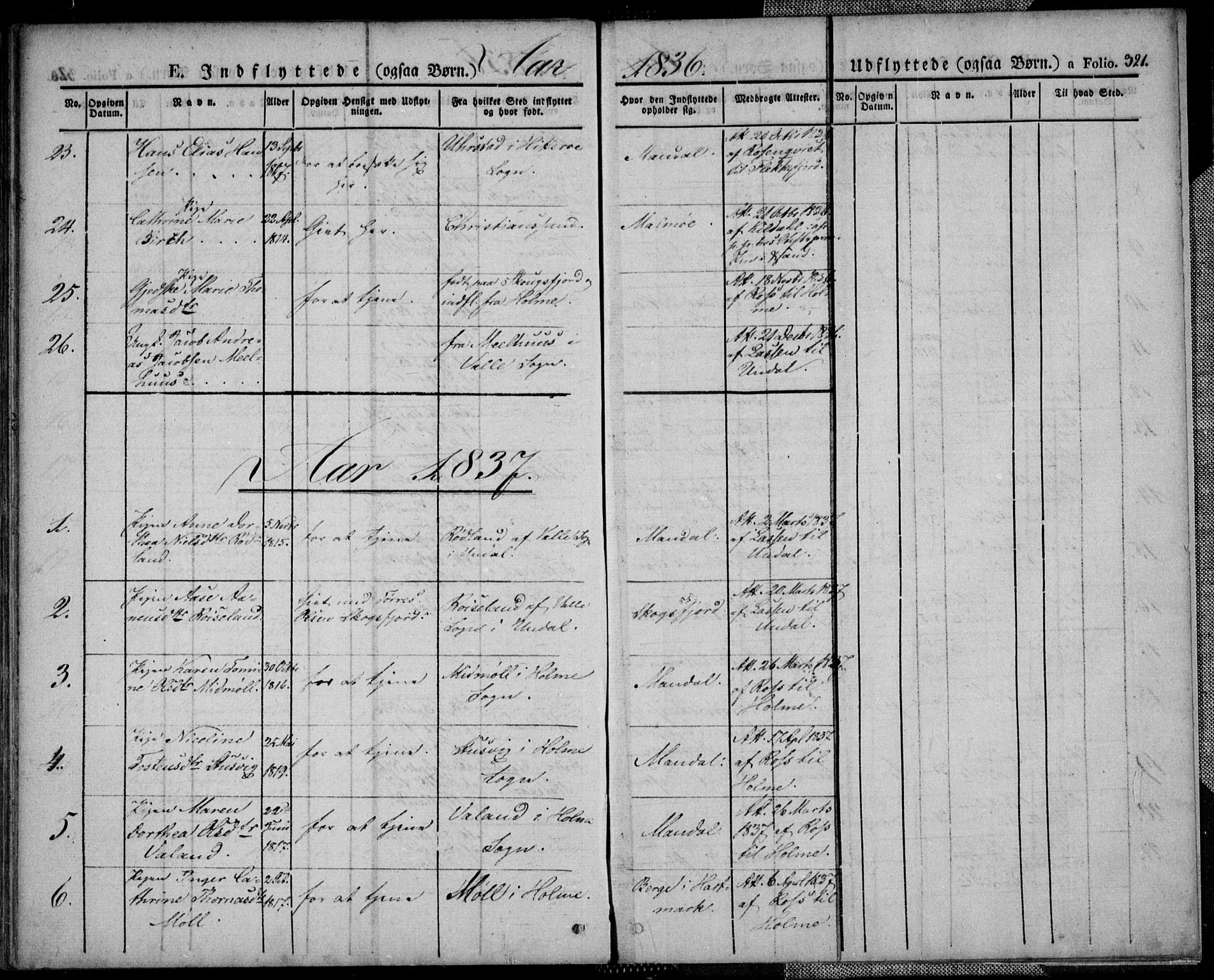 Mandal sokneprestkontor, SAK/1111-0030/F/Fa/Faa/L0011: Parish register (official) no. A 11, 1830-1839, p. 321