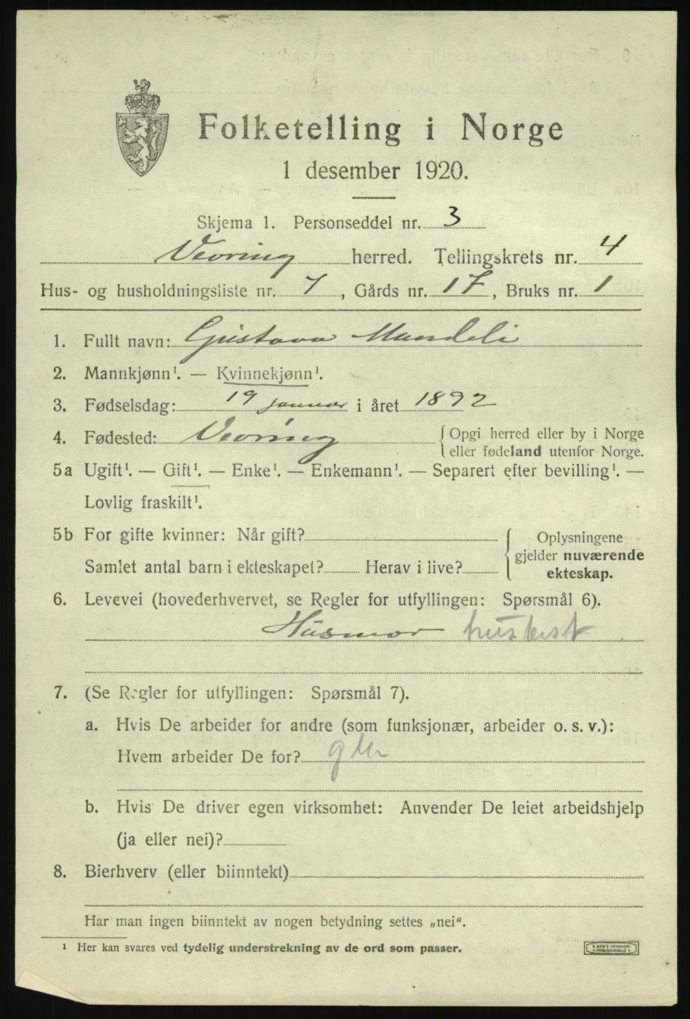 SAB, 1920 census for Vevring, 1920, p. 1396