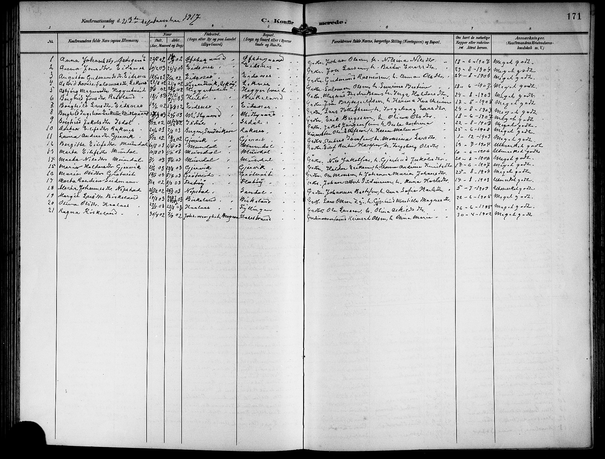 Hamre sokneprestembete, SAB/A-75501/H/Ha/Hab: Parish register (copy) no. B 4, 1898-1919, p. 171