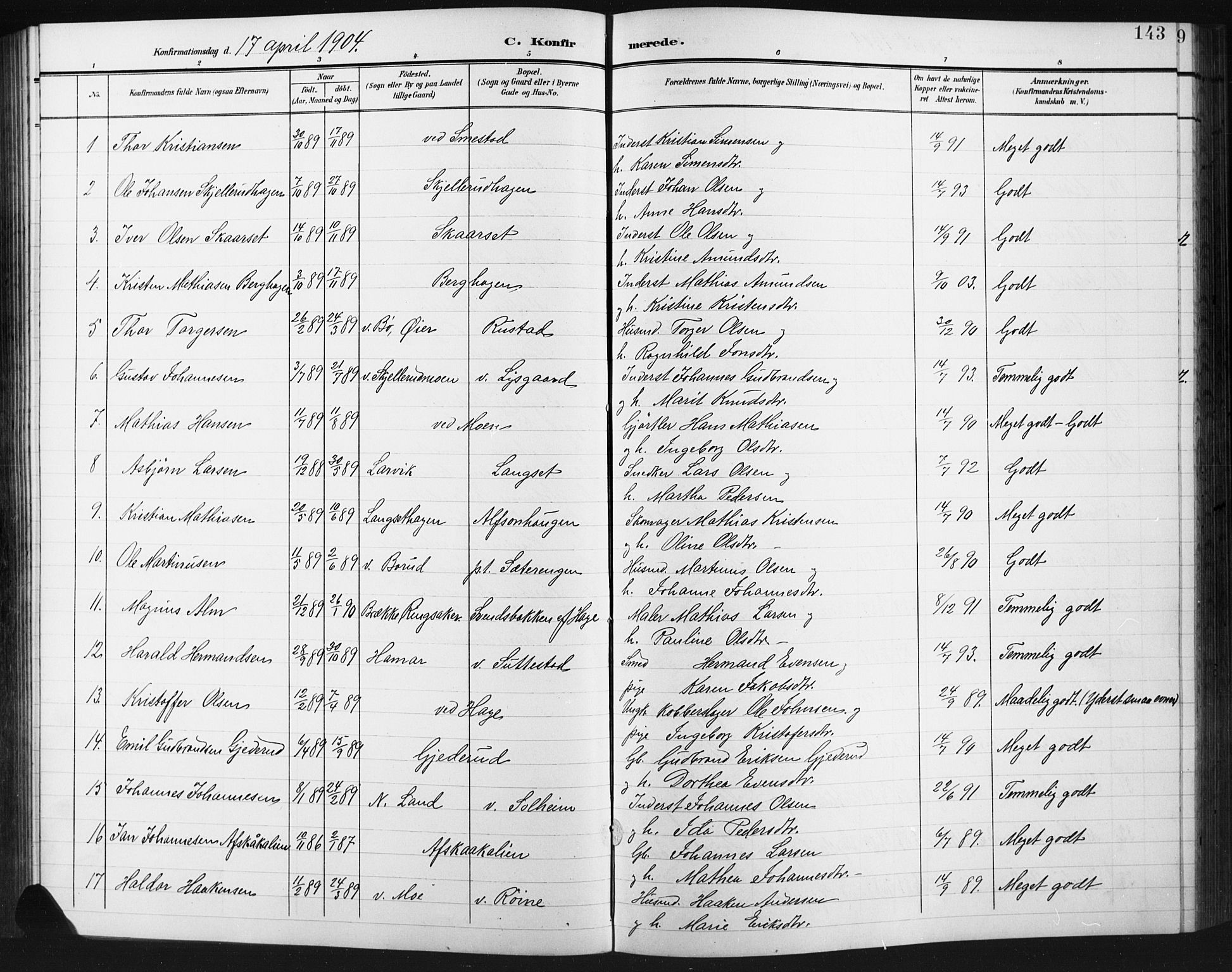 Fåberg prestekontor, SAH/PREST-086/H/Ha/Hab/L0012: Parish register (copy) no. 12, 1903-1924, p. 143
