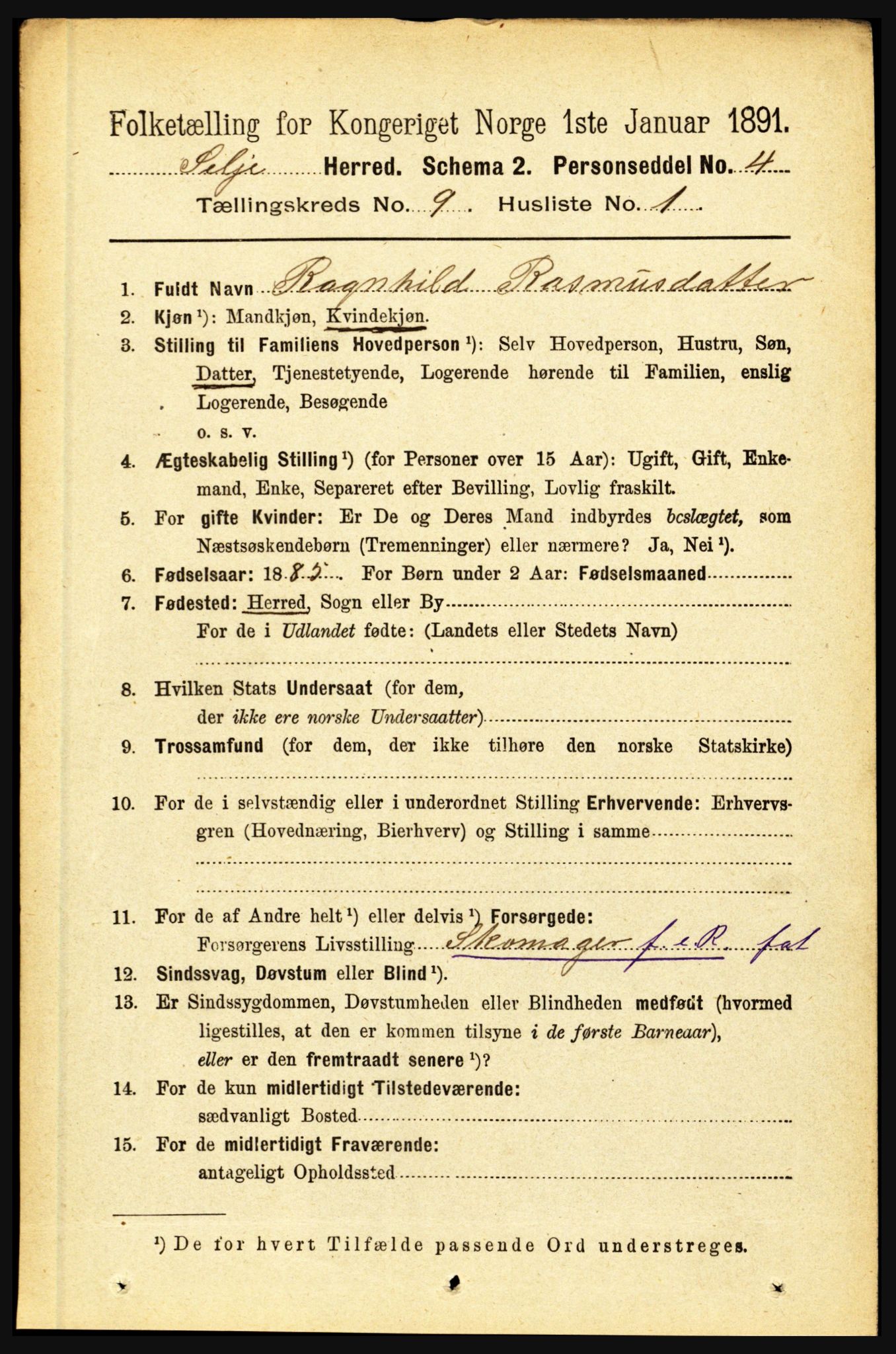 RA, 1891 census for 1441 Selje, 1891, p. 2707