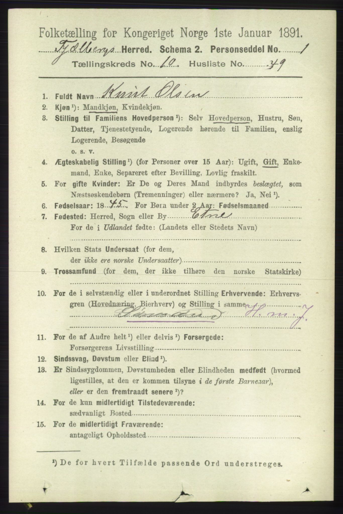 RA, 1891 census for 1213 Fjelberg, 1891, p. 4046