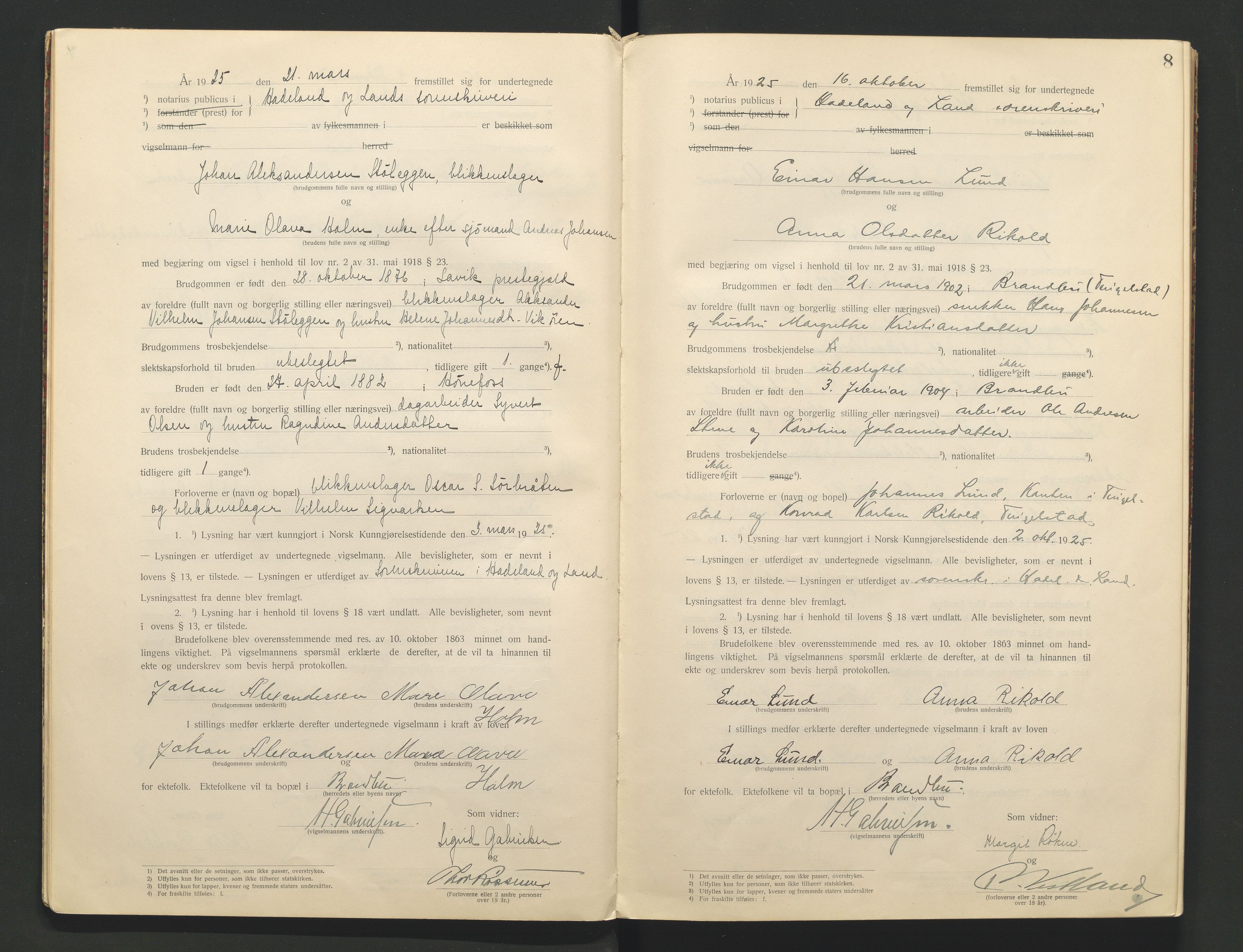 Hadeland og Land tingrett, AV/SAH-TING-010/L/Lb/L0001: Vigselbok, 1920-1943, p. 8