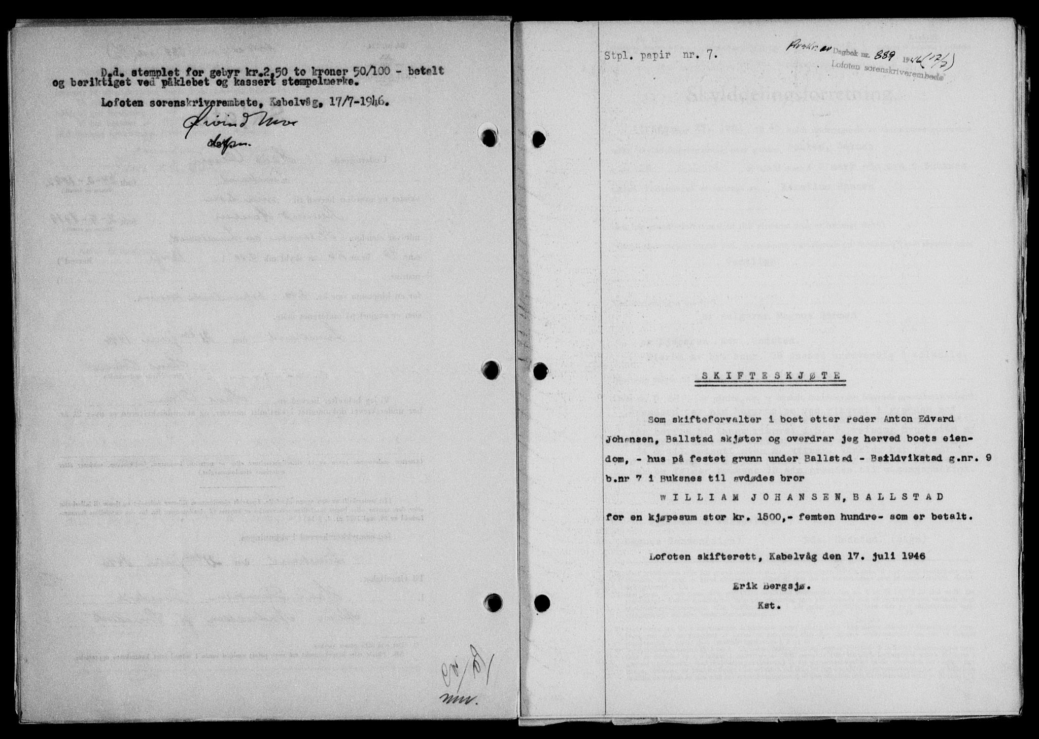 Lofoten sorenskriveri, SAT/A-0017/1/2/2C/L0014a: Mortgage book no. 14a, 1946-1946, Diary no: : 889/1946
