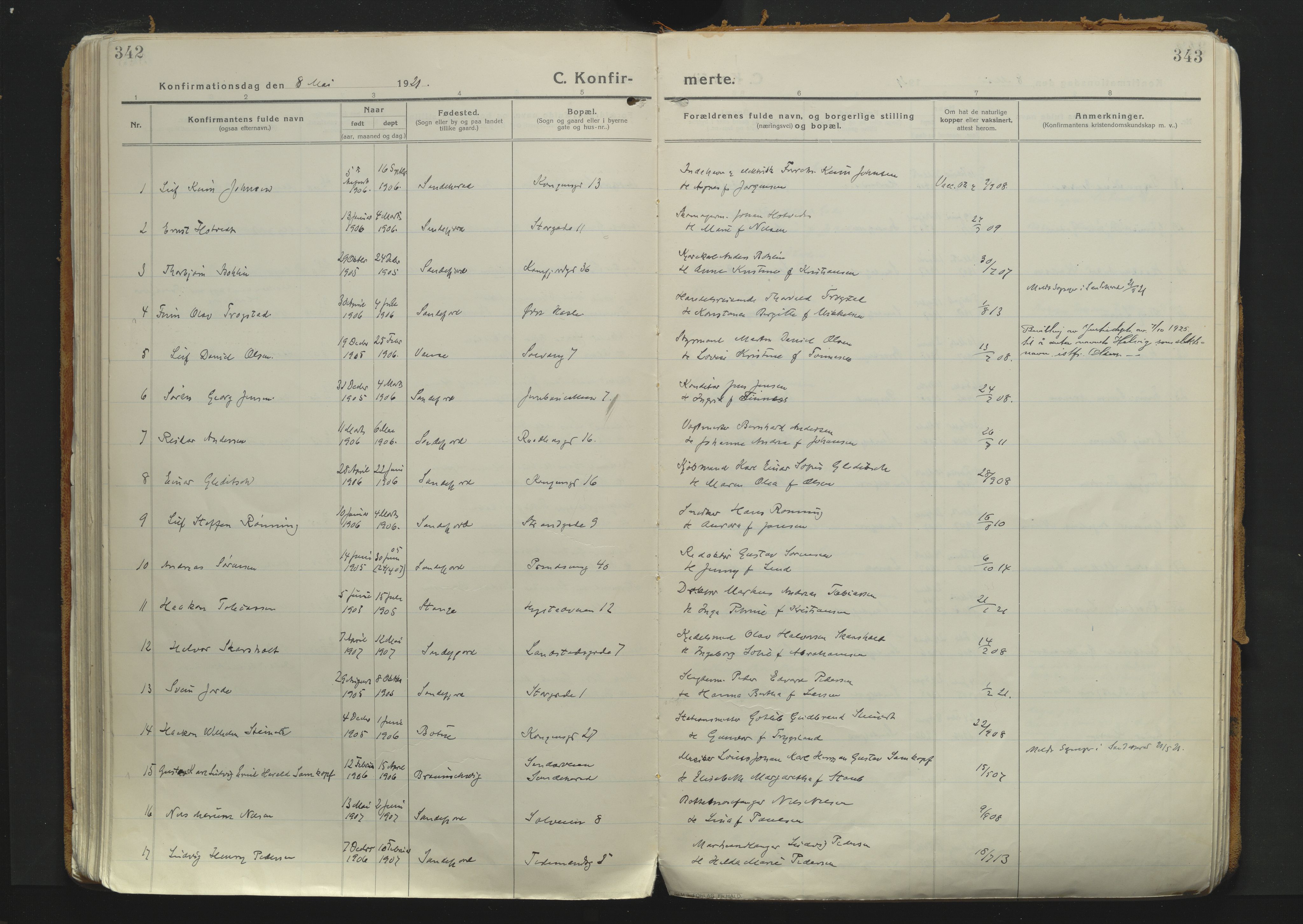 Sandefjord kirkebøker, SAKO/A-315/F/Fa/L0007: Parish register (official) no. 7, 1916-1930, p. 342-343