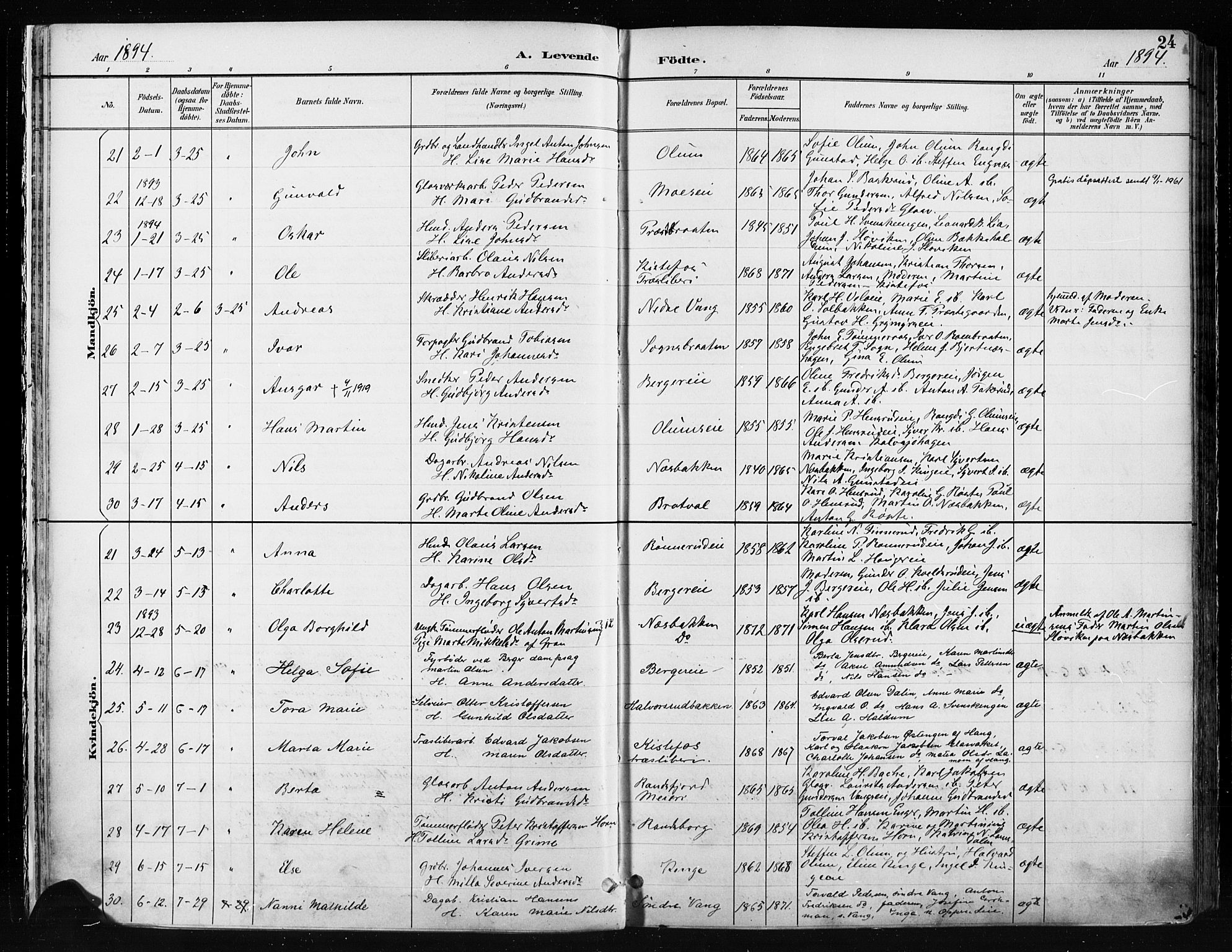 Jevnaker prestekontor, AV/SAH-PREST-116/H/Ha/Haa/L0009: Parish register (official) no. 9, 1891-1901, p. 24