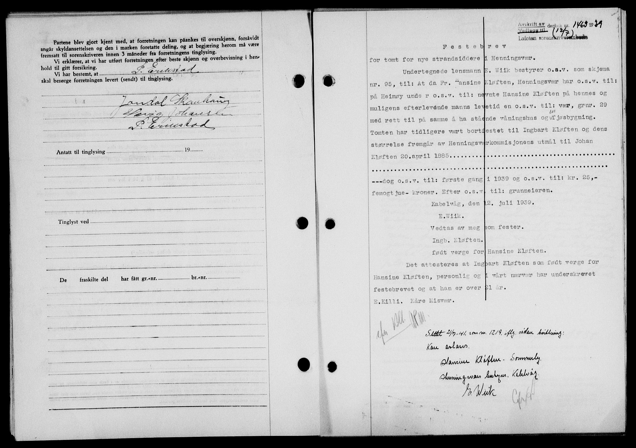 Lofoten sorenskriveri, SAT/A-0017/1/2/2C/L0006a: Mortgage book no. 6a, 1939-1939, Diary no: : 1463/1939