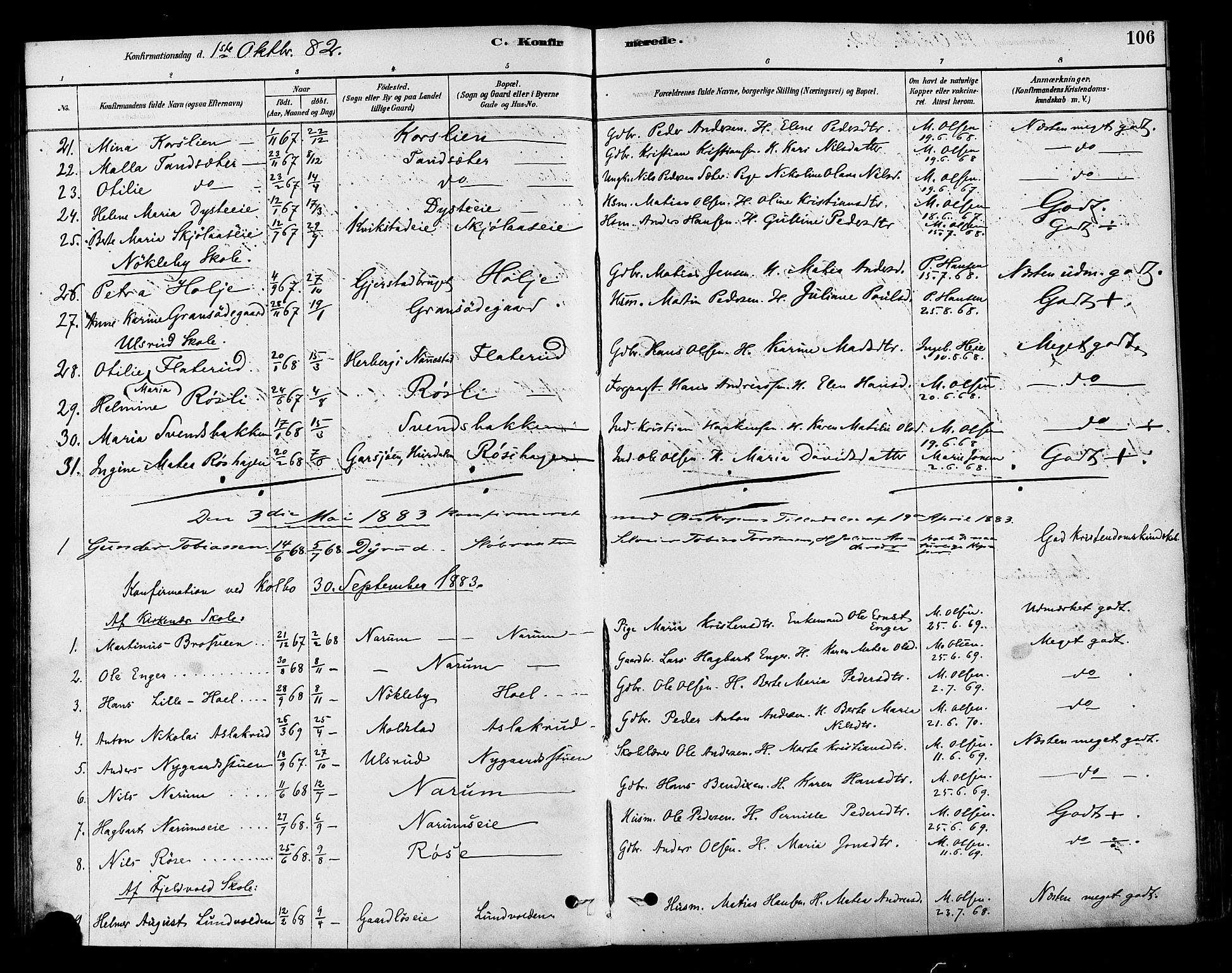 Vestre Toten prestekontor, SAH/PREST-108/H/Ha/Haa/L0010: Parish register (official) no. 10, 1878-1894, p. 106