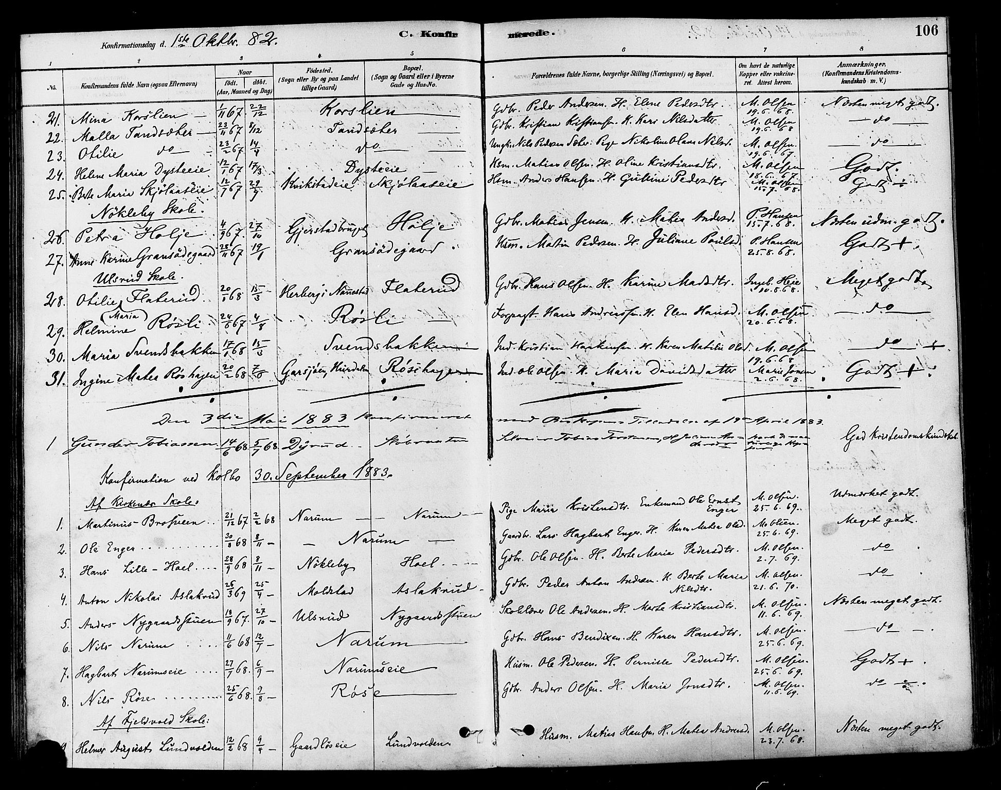 Vestre Toten prestekontor, AV/SAH-PREST-108/H/Ha/Haa/L0010: Parish register (official) no. 10, 1878-1894, p. 106