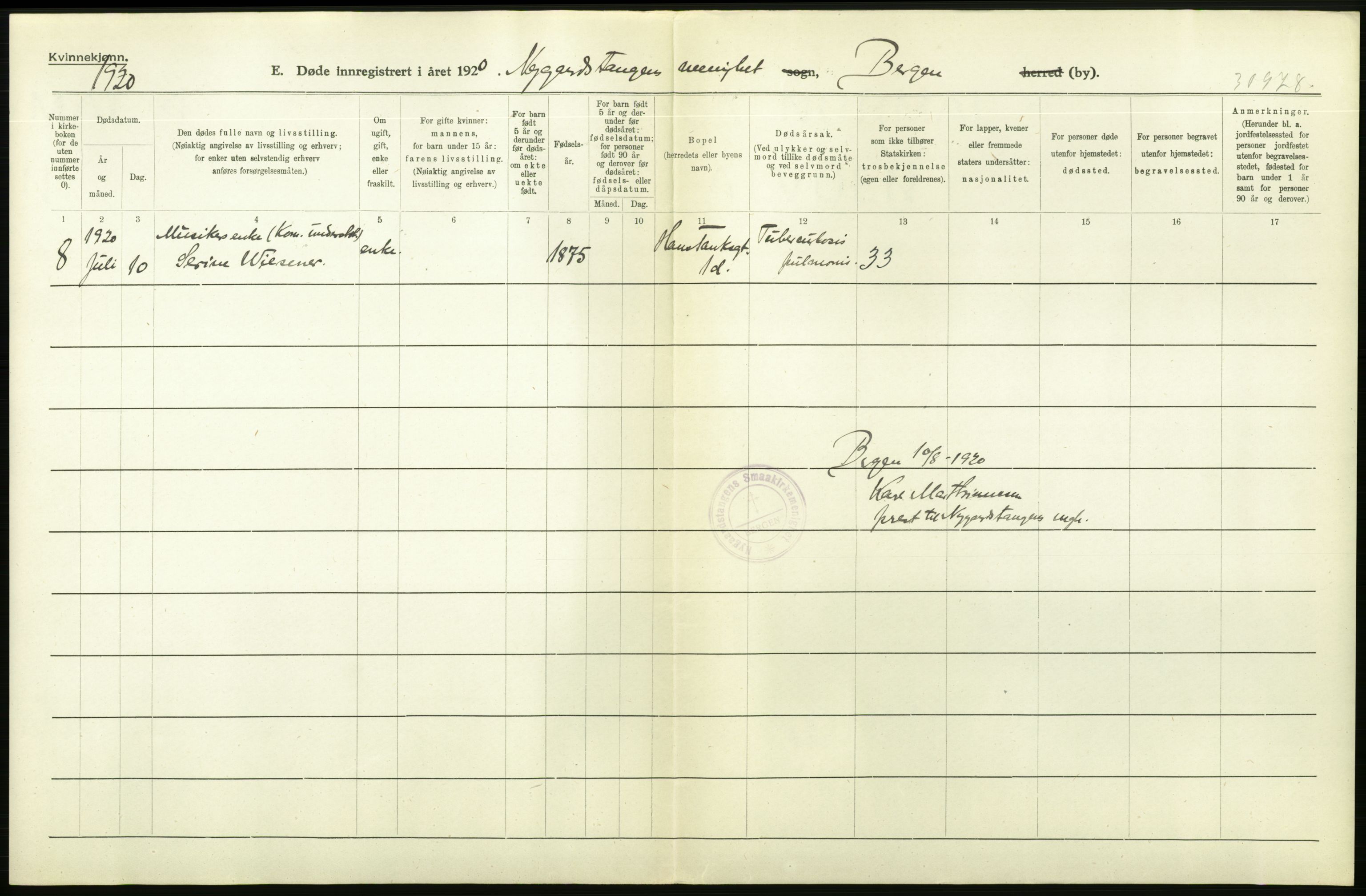 Statistisk sentralbyrå, Sosiodemografiske emner, Befolkning, AV/RA-S-2228/D/Df/Dfb/Dfbj/L0042: Bergen: Gifte, døde, dødfødte., 1920, p. 280