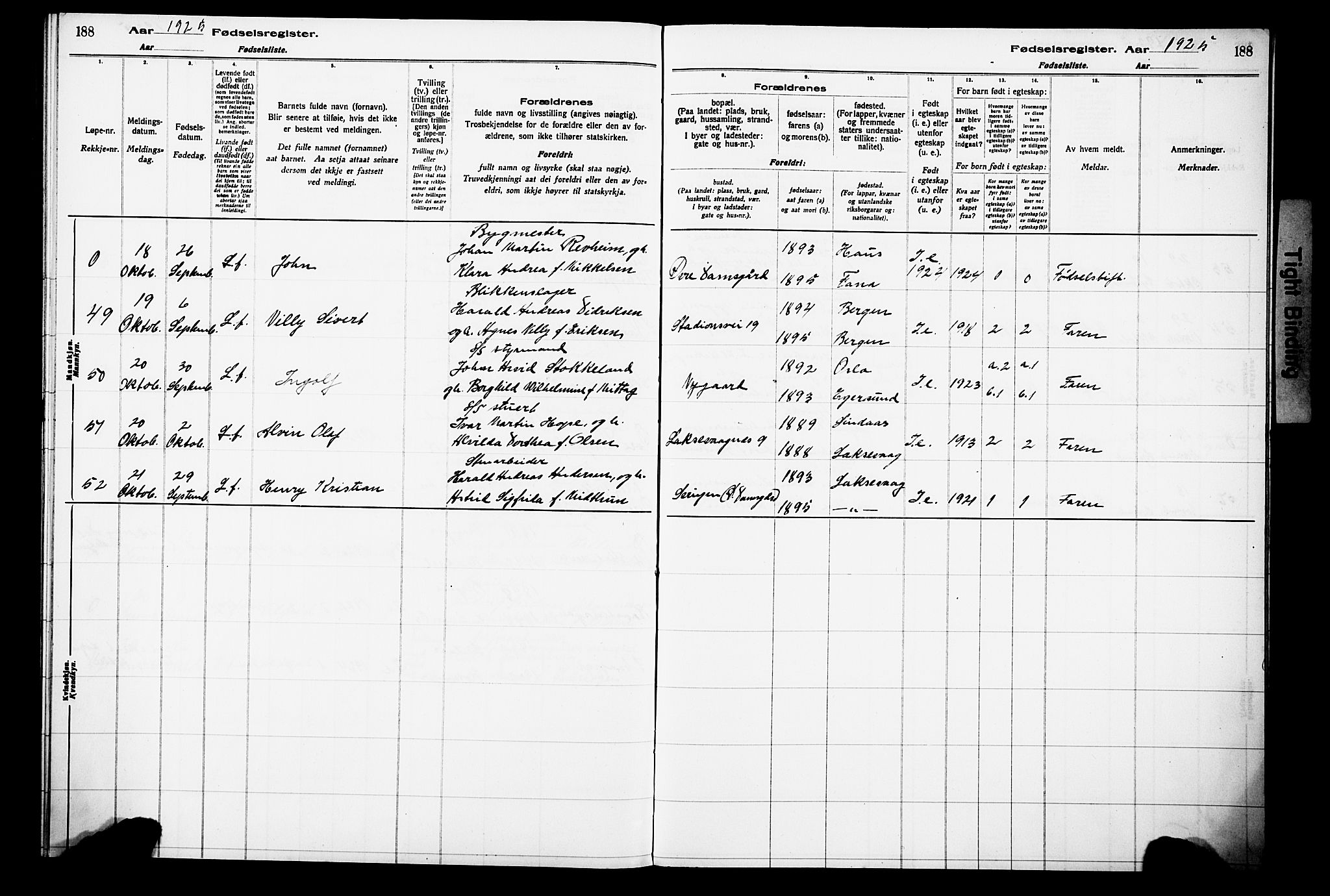 Laksevåg Sokneprestembete, AV/SAB-A-76501/I/Id/L00A1: Birth register no. A 1, 1916-1926, p. 188