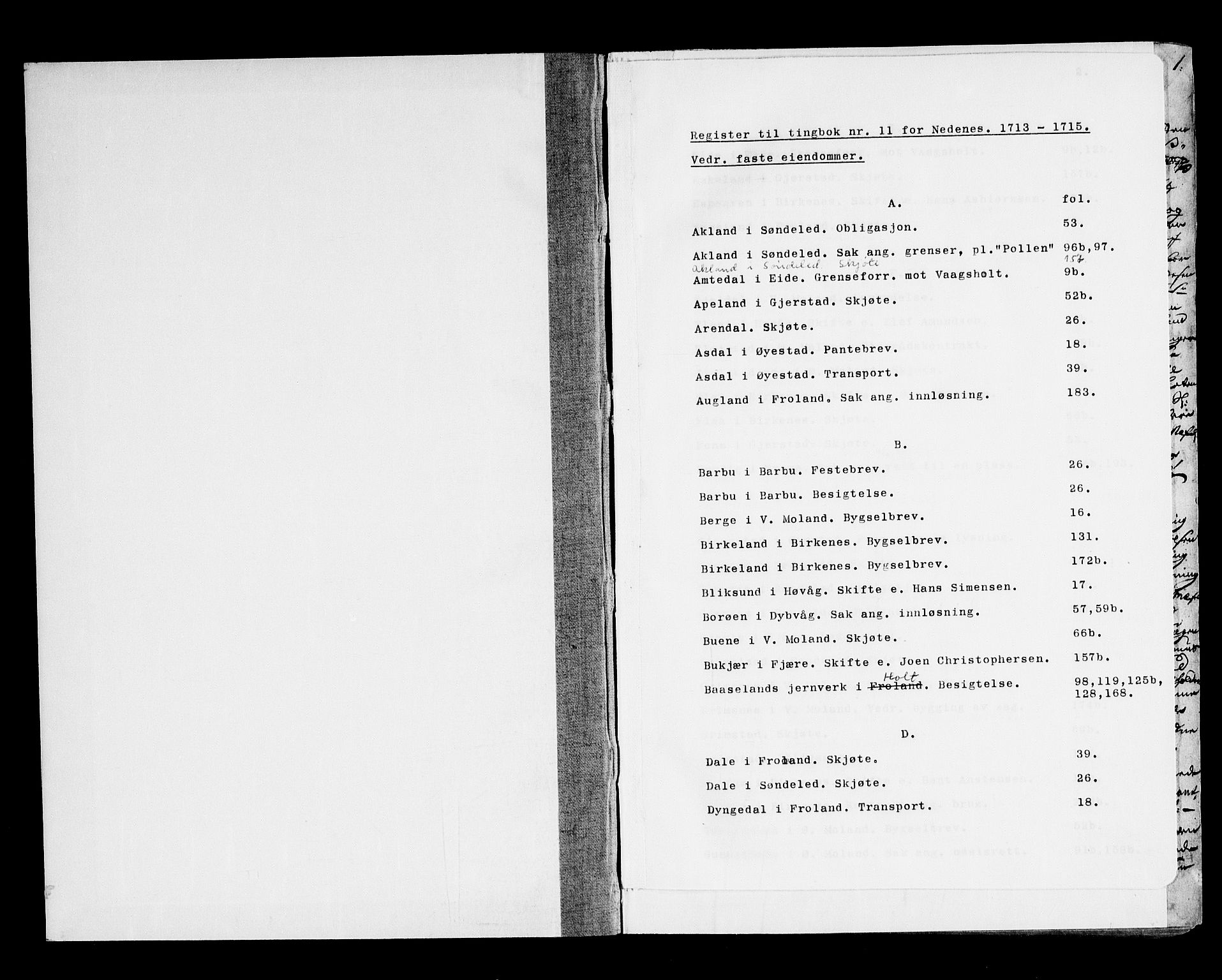 Nedenes sorenskriveri før 1824, AV/SAK-1221-0007/F/Fa/L0016: Tingbok med register nr 11, 1713-1715