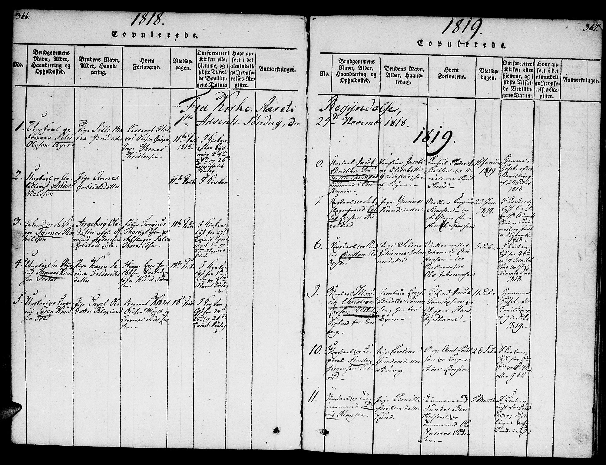 Kristiansand domprosti, SAK/1112-0006/F/Fb/L0001: Parish register (copy) no. B 1, 1818-1821, p. 366-367