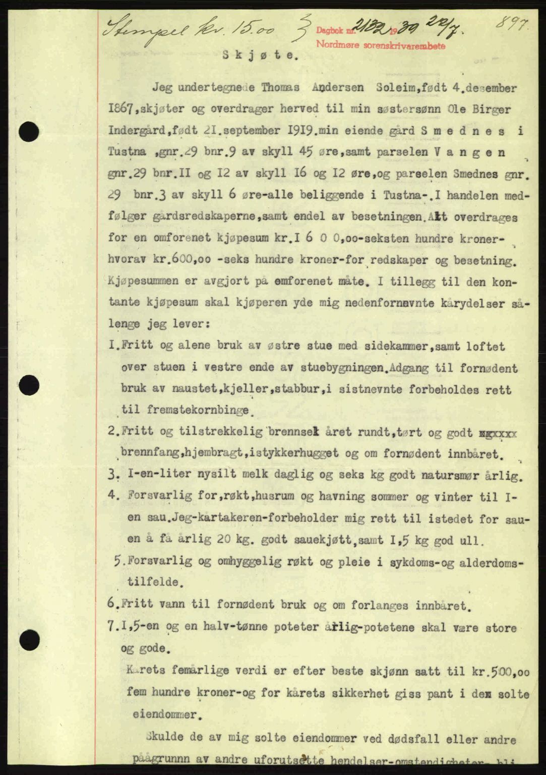 Nordmøre sorenskriveri, AV/SAT-A-4132/1/2/2Ca: Mortgage book no. A86, 1939-1939, Diary no: : 2132/1939