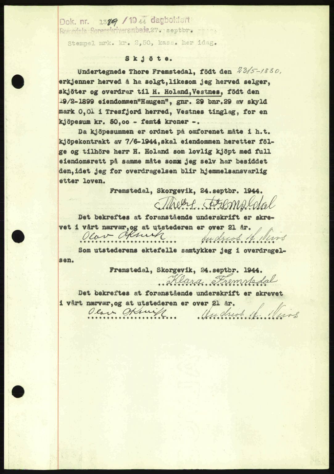 Romsdal sorenskriveri, SAT/A-4149/1/2/2C: Mortgage book no. A16, 1944-1944, Diary no: : 1389/1944