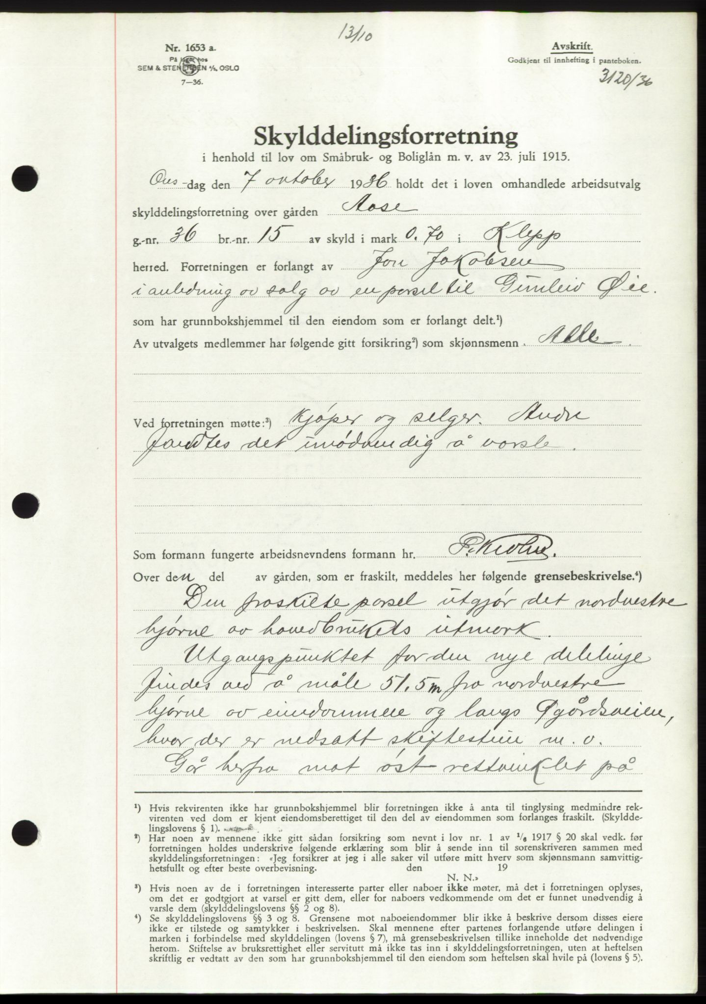 Jæren sorenskriveri, AV/SAST-A-100310/03/G/Gba/L0066: Mortgage book no. 71-72, 1936-1936, Diary no: : 3120/1936