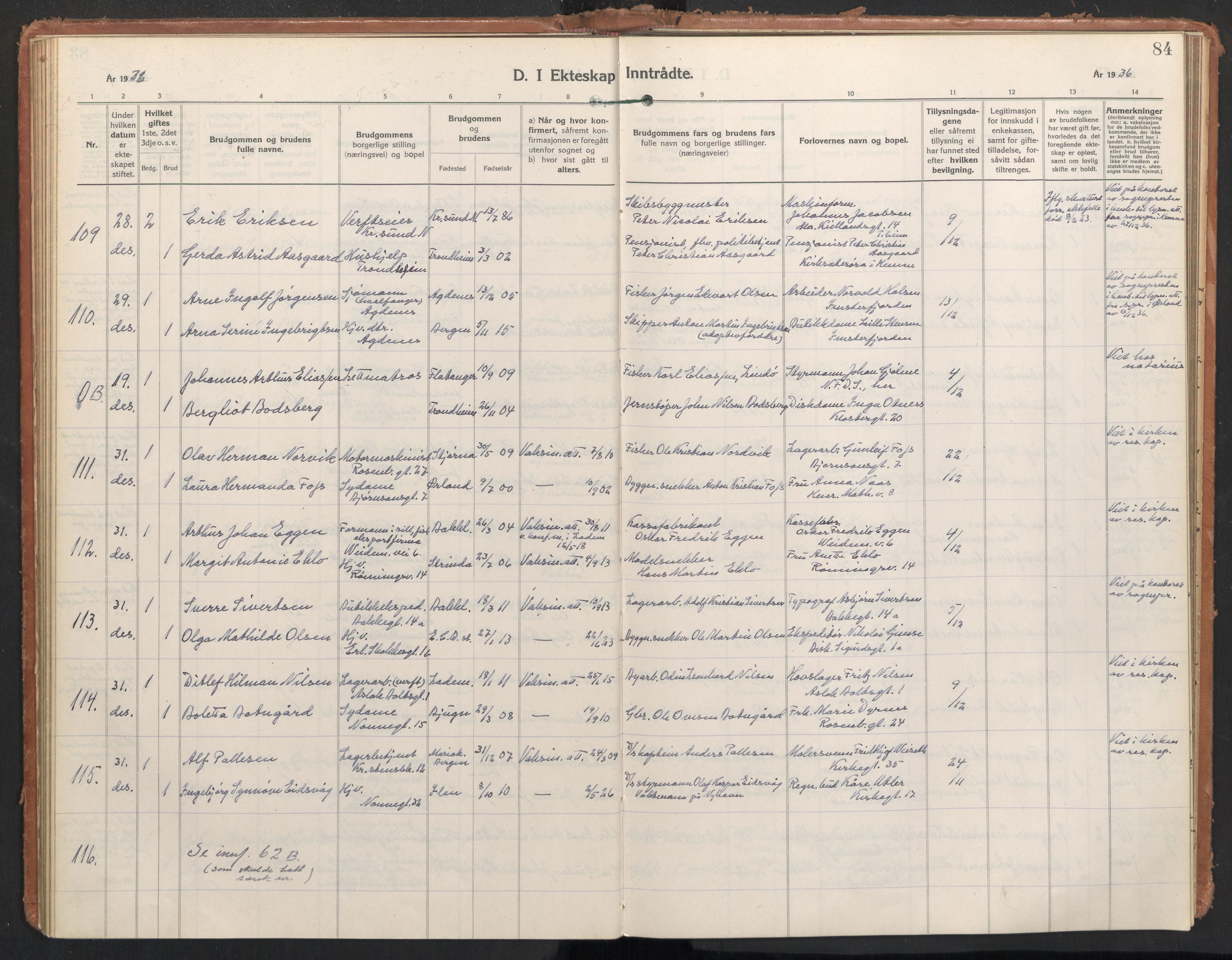 Ministerialprotokoller, klokkerbøker og fødselsregistre - Sør-Trøndelag, SAT/A-1456/604/L0209: Parish register (official) no. 604A29, 1931-1945, p. 84